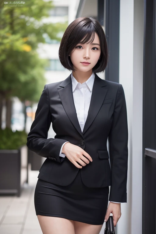 (High resolution:1.3), (16k, Photorealistic, Raw photo, SNS Photos, Best image quality: 1.4), Japanese, (One Girl), Beautiful Face, (A vivid face), (Black-haired、short hair:1.3), Beautiful Hairstyles, Realistic eyes, Beautifully detailed eyes, (Realistic Skin), Beautiful skins, attractive, 超A high resolution, Surreal, High detail, Golden Ratio, Highly detailed cute girl,(20-year-old), office, seminude, business suit, Business Skirt