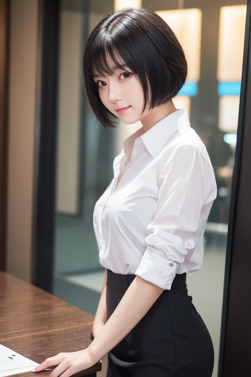 (High resolution:1.3), (16k, Photorealistic, Raw photo, SNS Photos, Best image quality: 1.4), Japanese, (One Girl), Beautiful Face, (A vivid face), (Black-haired、short hair:1.3), Beautiful Hairstyles, Realistic eyes, Beautifully detailed eyes, (Realistic Skin), Beautiful skins, attractive, 超A high resolution, Surreal, High detail, Golden Ratio, Highly detailed cute girl,(20-year-old), office, seminude, business suit, Business Skirt