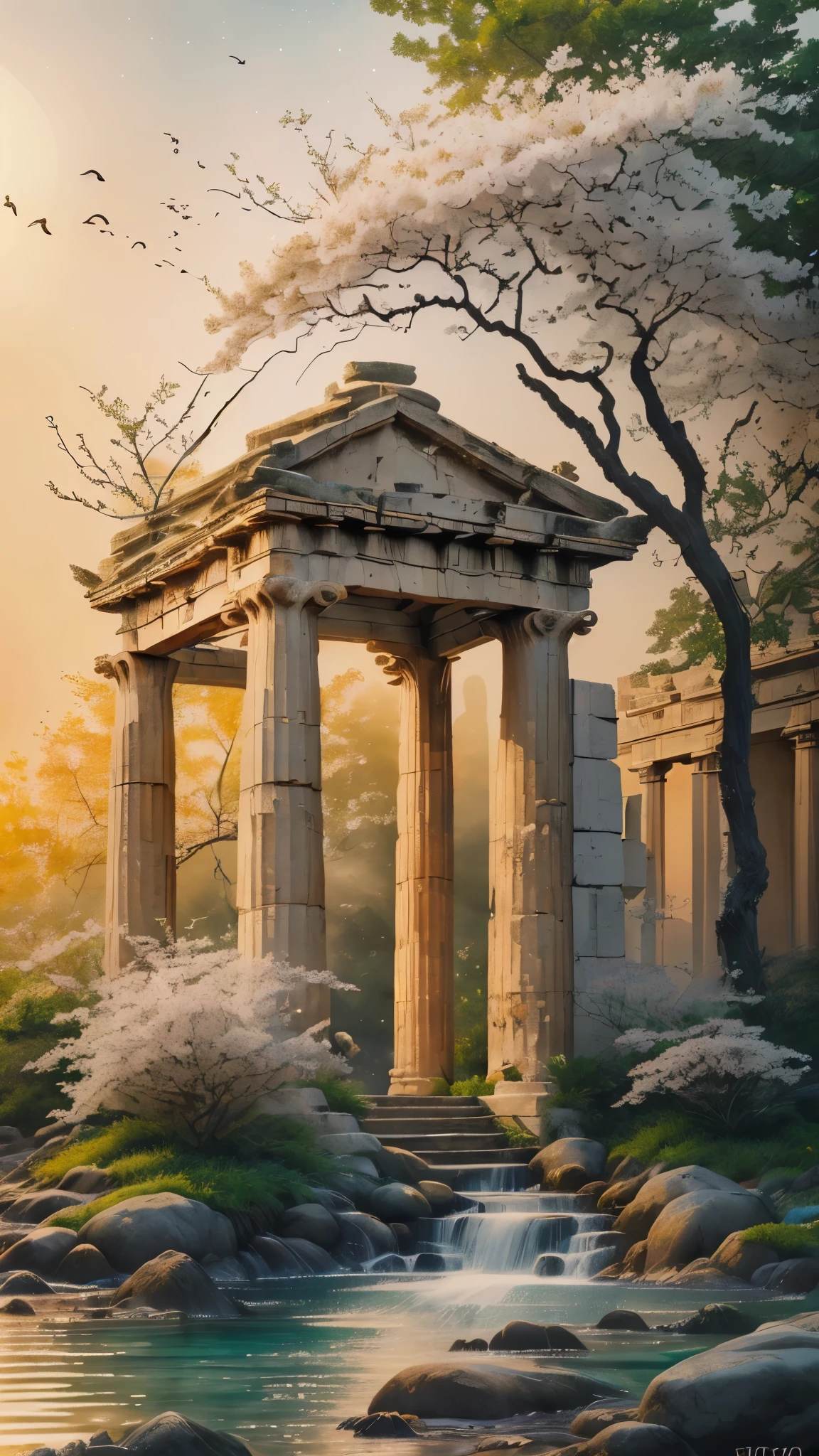 (best quality,4k,8k,highres,masterpiece:1.2),ultra-detailed,(realistic,photorealistic,photo-realistic:1.37),medium:painting,greek temple,beautifully detailed,greek mythology,inner soul,healing,sea of azure,lovers under the moonlight,aesthetic golden light,Aphrodite,shimmering reflections,ancient ruins,enchanting atmosphere,vibrant colors,ethereal beings,gentle brushstrokes,sacred geometry,symbolic arches,grandeur and elegance,storytelling in art,mythical creatures,dreamlike harmony,serene and peaceful,historical significance,serenity in chaos,celestial celestial symphony,tranquil garden,harmonious blend of nature and architecture,dreamy memories,wisdom of the ages,rebirth and transformation,narrative unfolds,eternal beauty,a moment frozen in time,romantic aura,mysterious whispers,untold secrets,sensory journey