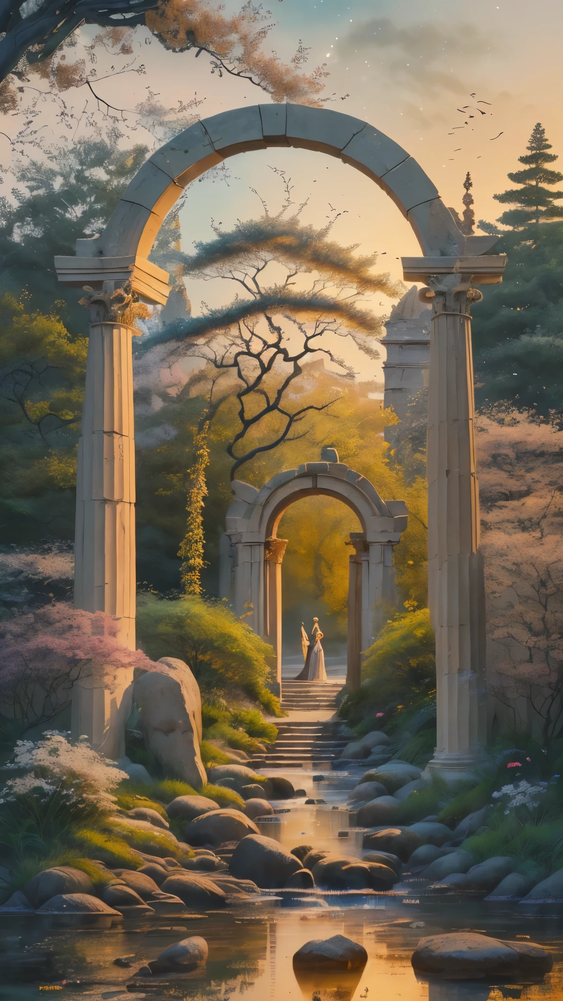(best quality,4k,8k,highres,masterpiece:1.2),ultra-detailed,(realistic,photorealistic,photo-realistic:1.37),medium:painting,greek temple,beautifully detailed,greek mythology,inner soul,healing,sea of azure,lovers under the moonlight,aesthetic golden light,Aphrodite,shimmering reflections,ancient ruins,enchanting atmosphere,vibrant colors,ethereal beings,gentle brushstrokes,sacred geometry,symbolic arches,grandeur and elegance,storytelling in art,mythical creatures,dreamlike harmony,serene and peaceful,historical significance,serenity in chaos,celestial celestial symphony,tranquil garden,harmonious blend of nature and architecture,dreamy memories,wisdom of the ages,rebirth and transformation,narrative unfolds,eternal beauty,a moment frozen in time,romantic aura,mysterious whispers,untold secrets,sensory journey