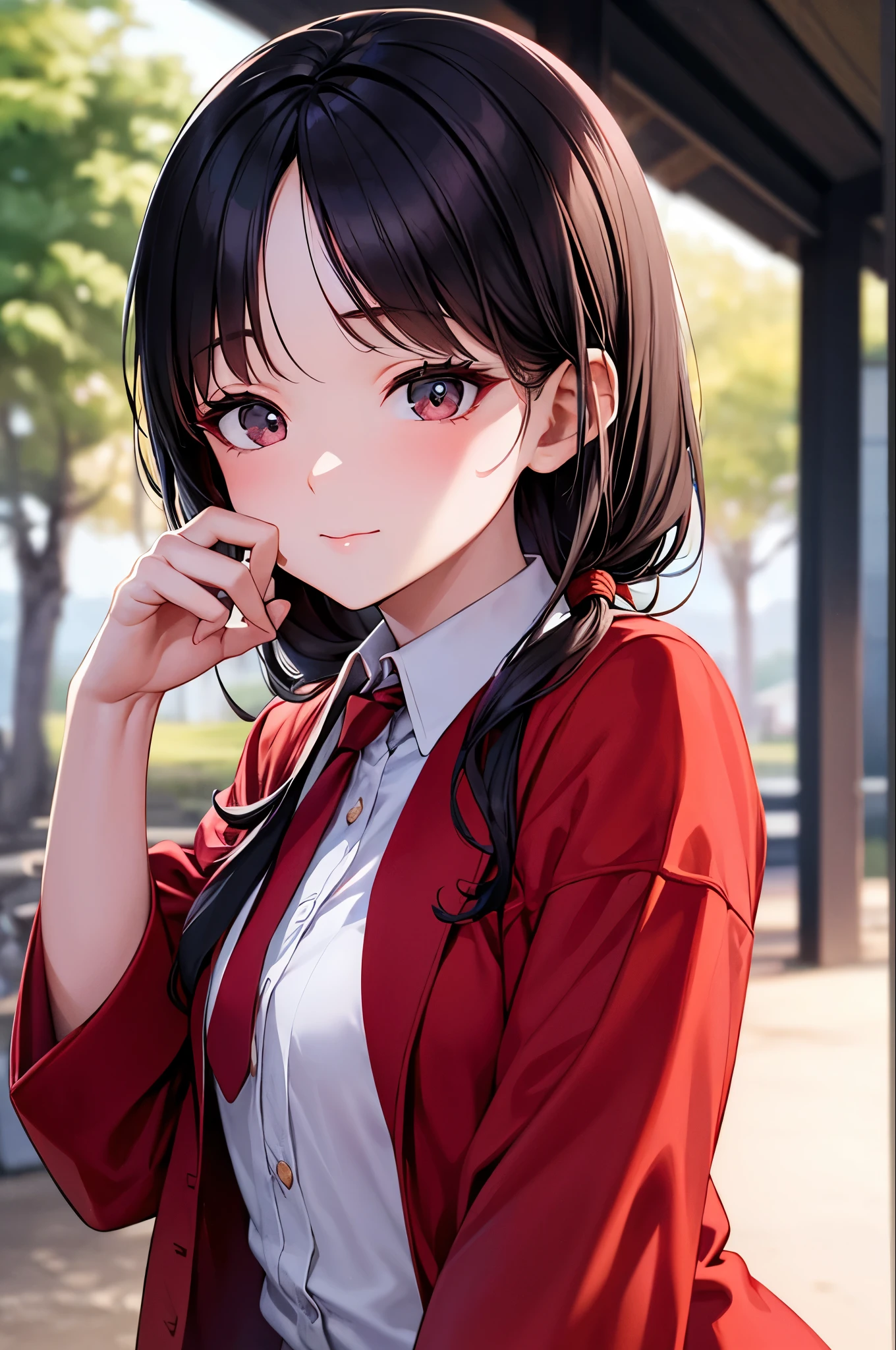 A woman in a red tie is standing in a field, soft Portrait Shot 8k, Young Asian Woman, Photographed with Canon EOS R5, Shot with Canon EOS R 5, Shot with Canon EOS 5D Mark IV, Portrait Shot 8k, Shot with a Canon 5D MK4, Shot on Sony Alpha 9, Portrait of a Japan ager