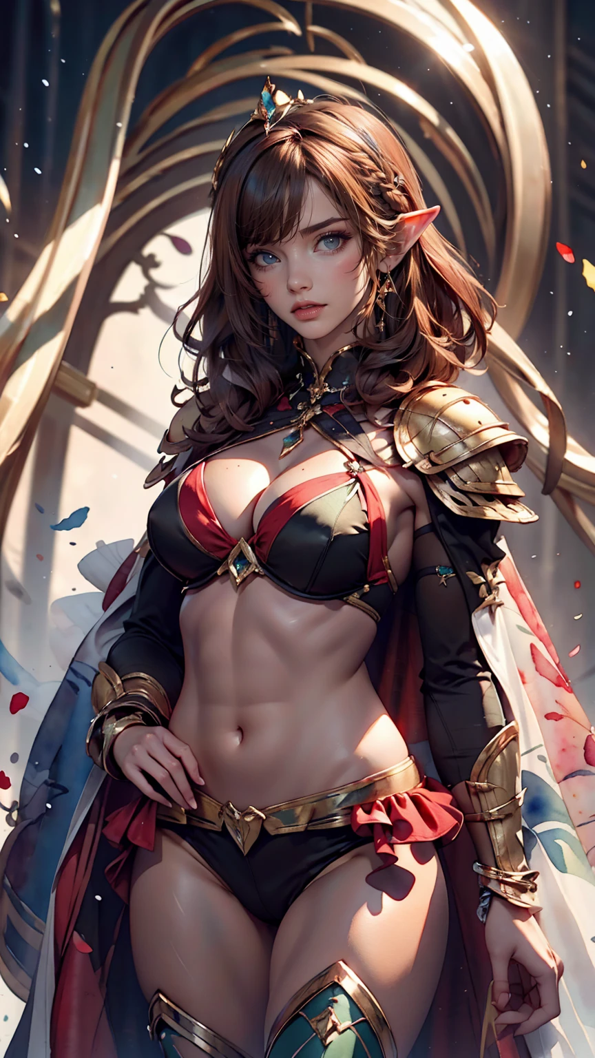 (watercolor: 1.2), Elf Princess, flower, freckles, bangs, Redhead, Long Hair, Green Eyes, Hair between the eyes, flower earrings, Blurred Background, High resolution、Wear sexy bikini armor、Put on a cape