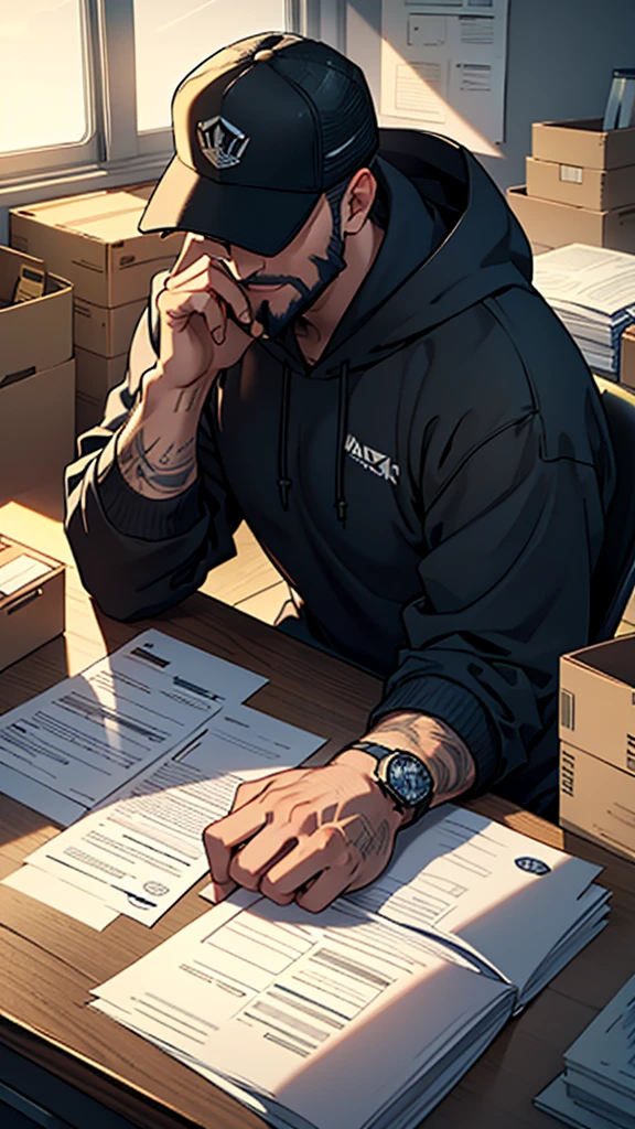 A man, wear trucker hat, wear navy hoodie, beard, black sunglasses, he smoking, Amidst the muted hum of an office on the precipice of upheaval, an employee, clutching a sheet of folded paper in laptop, sits before an imposing mahogany desk. His calm face, and smiling. The once pristine workspace is now a cluttered landscape of cardboard boxes, each one representing the imminent loss of work and comfort.
Suspended in the air above the scene hovers a manager's silhouette, cast long and ominous by the setting sun filtering in through the office window. The superior's expression remains shrouded in shadow