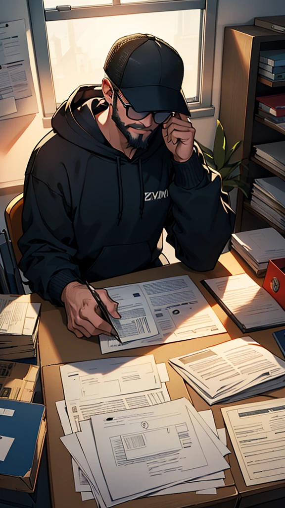 A man, wear trucker hat, wear navy hoodie, beard, black sunglasses, he smoking, Amidst the muted hum of an office on the precipice of upheaval, an employee, clutching a sheet of folded paper in laptop, sits before an imposing mahogany desk. His calm face, and smiling. The once pristine workspace is now a cluttered landscape of cardboard boxes, each one representing the imminent loss of work and comfort.

Suspended in the air above the scene hovers a manager's silhouette, cast long and ominous by the setting sun filtering in through the office window. The superior's expression remains shrouded in shadow
