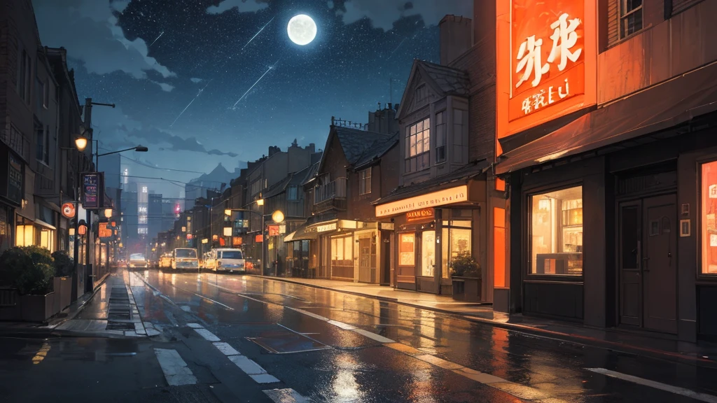 The streetscape、Rather than a fantasy atmosphere、It feels a bit nostalgic、Realistic cityscape。
In the night sky、When the stars and the moon are shining、A more romantic atmosphere。
Street lamps and car lights、Warm colors。
Floating in the night sky after the rain、Neon signs shining down on the street