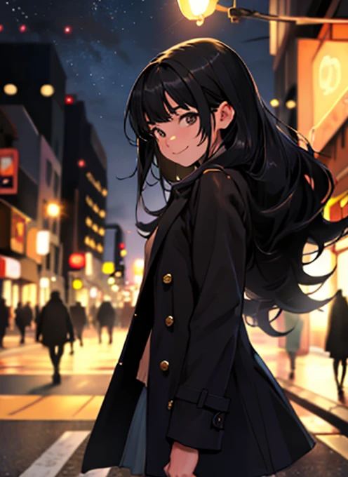 1girl, solo, , cowboy shot, (depth of field:1.2), (night), (long coat), downtown, (street light:1.1), (Fantastic lighting), looking at viewer, black hair, long hair, [smile], (Closed mouth), 
best quality, newest, absurdres