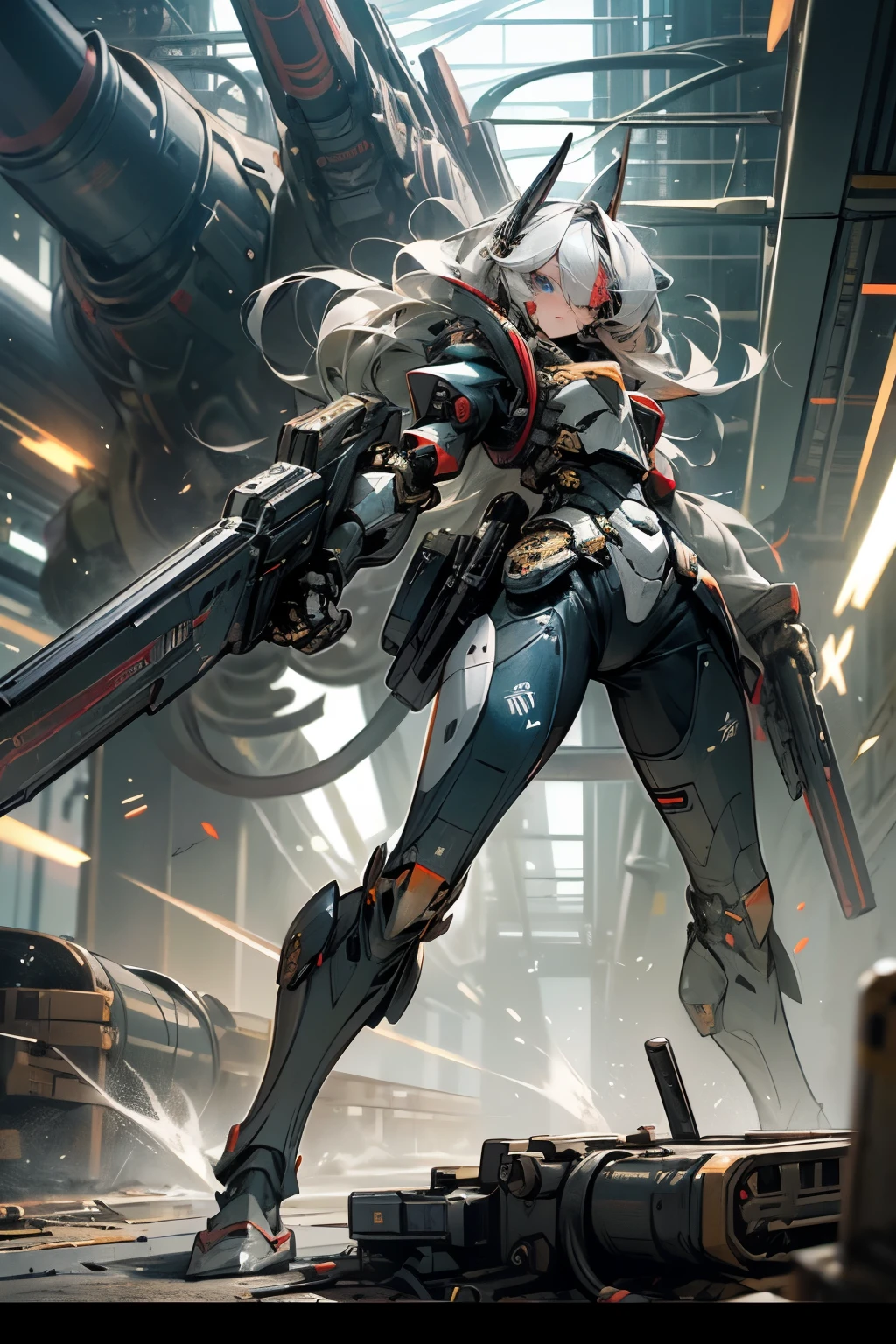 (masterpiece),highest quality,Super detailed,8k,Transistor Grammar,woman,Silver Hair,Blue Eyes,Expressionless,gigantic breast,Eye patch,Pilot Suit,Long Hair,Loose curls,Heavy Armor,Missile Pod,Two cannons,Gatling Gun,Vulcan cannon,Blade Mechanism,Missile Box,Electromagnetic Barrier,Giant arm,booster,Countless cables,Shotgun,Countless machine guns,generator,Over-technology,Super Heavy Armor,Powered Suit,Decisive Weapon,Rail Cannon,One Man Army,Vulcan cannon,Over-spec,cyborg,Integration,Air Combat,Thruster,,View Viewer