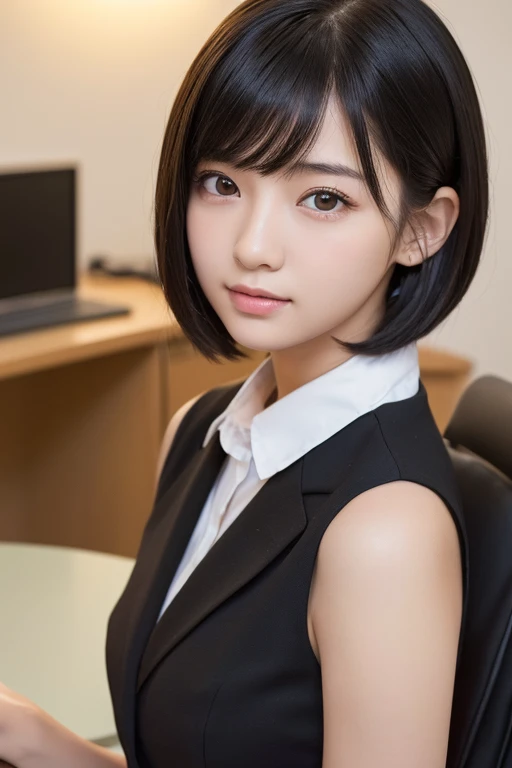 (High resolution:1.3), (16k, Photorealistic, Raw photo, SNS Photos, Best image quality: 1.4), Japanese, (One Girl), Beautiful Face, (A vivid face), (Black-haired、short hair:1.3), Beautiful Hairstyles, Realistic eyes, Beautifully detailed eyes, (Realistic Skin), Beautiful skins, attractive, 超A high resolution, Surreal, High detail, Golden Ratio, Highly detailed cute girl,(20-year-old), office, suit, seminude