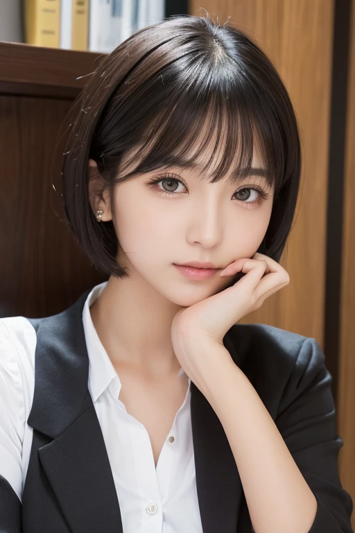 (High resolution:1.3), (16k, Photorealistic, Raw photo, SNS Photos, Best image quality: 1.4), Japanese, (One Girl), Beautiful Face, (A vivid face), (Black-haired、short hair:1.3), Beautiful Hairstyles, Realistic eyes, Beautifully detailed eyes, (Realistic Skin), Beautiful skins, attractive, 超A high resolution, Surreal, High detail, Golden Ratio, Highly detailed cute girl,(20-year-old), office, suit, seminude
