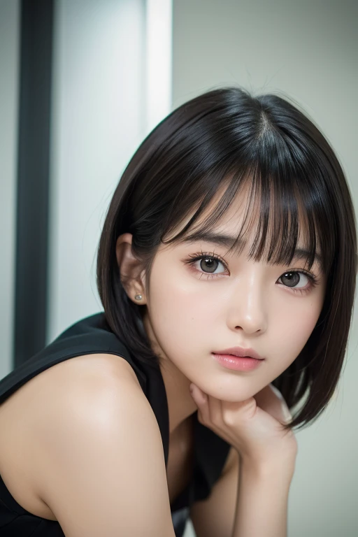 (High resolution:1.3), (16k, Photorealistic, Raw photo, SNS Photos, Best image quality: 1.4), Japanese, (One Girl), Beautiful Face, (A vivid face), (Black-haired、short hair:1.3), Beautiful Hairstyles, Realistic eyes, Beautifully detailed eyes, (Realistic Skin), Beautiful skins, attractive, 超A high resolution, Surreal, High detail, Golden Ratio, Highly detailed cute girl,(20-year-old), office, suit, seminude