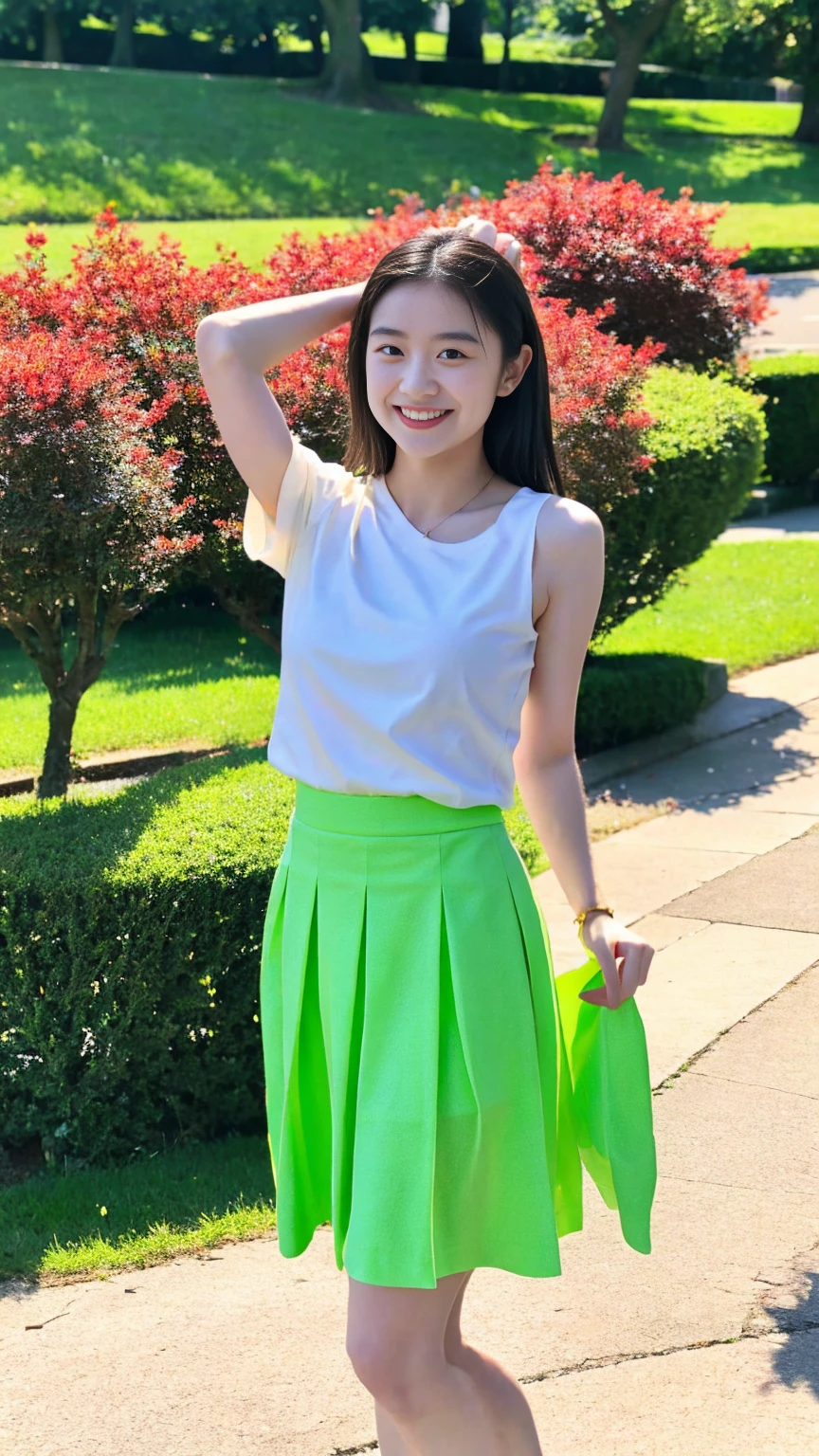 Very beautiful Japanese women、cute:1.5,21 years old、Big eyes、Attractive eyes、university student、topless:2.0,Nipples are visible:2.0,White pleated skirt:1.5、topless:2.0,small,Sunny day in the university gardens、Are standing、Looking into the camera:1.5、Smile 1.3、healthy、White skin、light makeup、whole body、