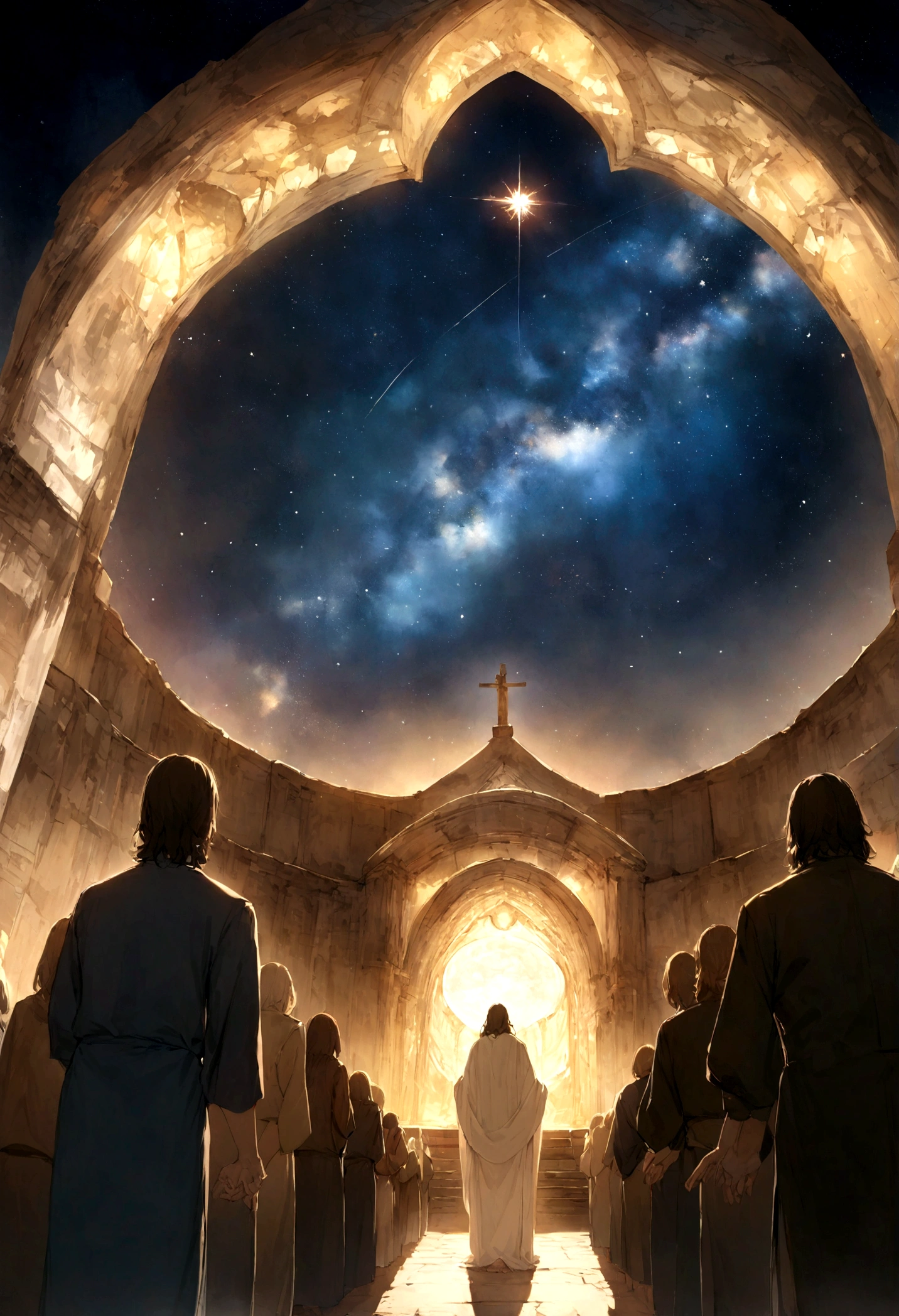 "please, Create a high-resolution image of Jesus as if he were 33 years old, In a moment of deep prayer. In the image, Jesus、I am gently raising my hands towards the quiet night sky with bright stars shining。. The scene conveys a sense of serenity and spiritual connection., Under the magnificent sky stage、Jesus in Divine Meditation. This photo shows、It captures the peace and awe of this special moment.。. The focus should be on the serene countenance of Jesus and the majesty of the starry sky, Emphasizing the importance of this moment of connection between man and God."