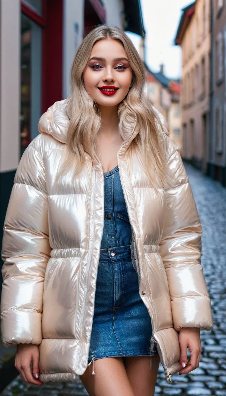 hyperrealistic beautiful busty 19-year-old woman with long legs wearing casual winter outfit with shiny mother of pearl vinyl puffer coat, model shooting full body photography, bleached blonde very long straight hair, soaky wet skin, dark eye makeup with eyeliner, seductive smile, red lips, 8K, Best quality, Meisterwerk, ultra high resolution, (Realismus: 1.4), Originalfoto, (realistische Hautstruktur: 1.3), (Filmkorn: 1.3), (Selfie-Winkel), 1 girl, Beautiful round hazel eyes and facial details, Meisterwerk, Best quality, outdoor photography