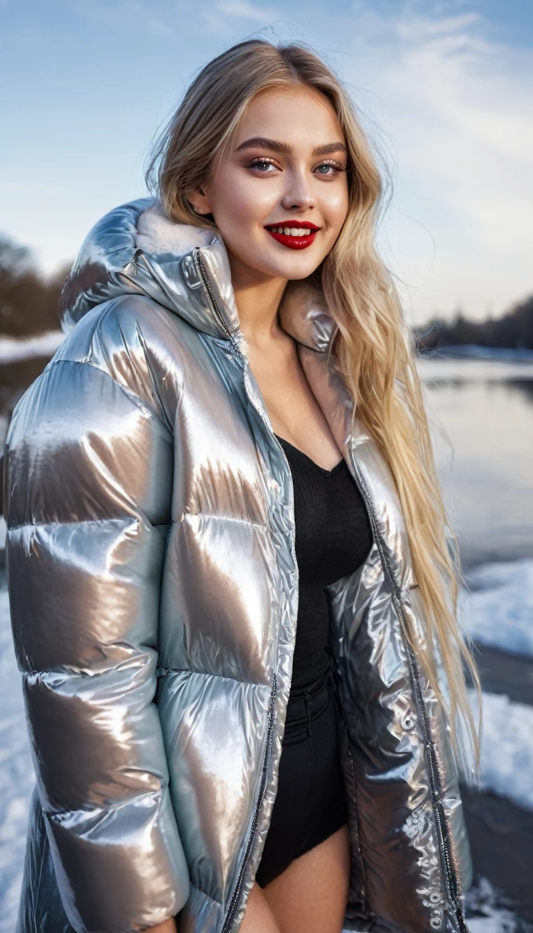 hyperrealistic beautiful busty 19-year-old woman with long legs wearing casual winter outfit with shiny mother of pearl vinyl puffer coat, model shooting full body photography, bleached blonde very long straight hair, soaky wet skin, dark eye makeup with eyeliner, seductive smile, red lips, 8K, Best quality, Meisterwerk, ultra high resolution, (Realismus: 1.4), Originalfoto, (realistische Hautstruktur: 1.3), (Filmkorn: 1.3), (Selfie-Winkel), 1 girl, Beautiful round hazel eyes and facial details, Meisterwerk, Best quality, outdoor photography