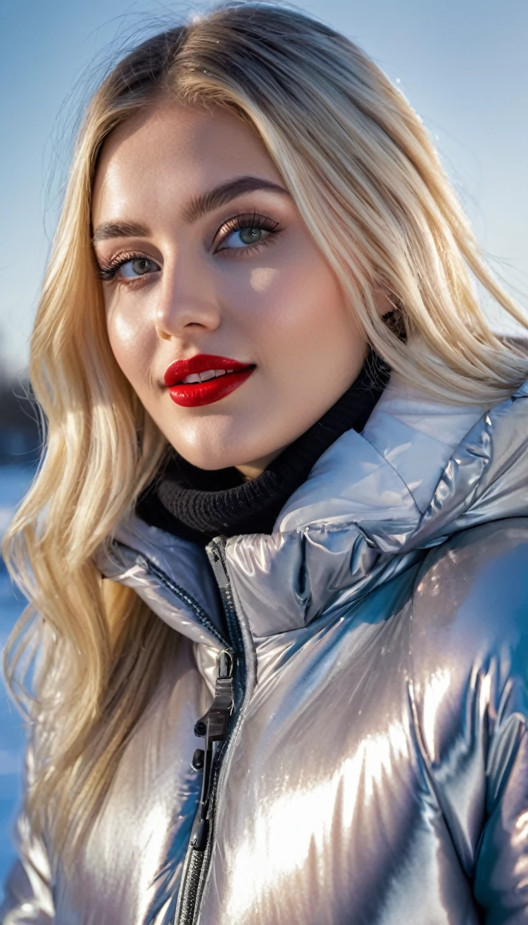 hyperrealistic beautiful busty 19-year-old woman with long legs wearing casual winter outfit with shiny mother of pearl vinyl puffer coat, model shooting full body photography, bleached blonde very long straight hair, soaky wet skin, dark eye makeup with eyeliner, seductive smile, red lips, 8K, Best quality, Meisterwerk, ultra high resolution, (Realismus: 1.4), Originalfoto, (realistische Hautstruktur: 1.3), (Filmkorn: 1.3), (Selfie-Winkel), 1 girl, Beautiful round hazel eyes and facial details, Meisterwerk, Best quality, outdoor photography
