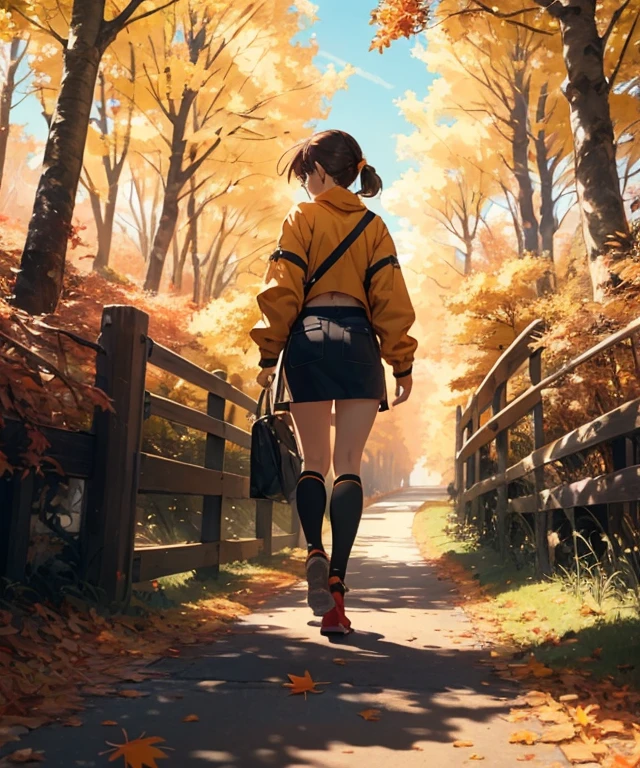 masterpiece, a female walking on a top of a bridge, back facing camera, the ground is covered with fallen autumn leaves, maple leaves, vibrant autumn scene, fallen leaves, golden hour, swirling wind, autumn yellow grass, (falling leaves), shades of yellow, orange and red, ultra detailed, 8k,
