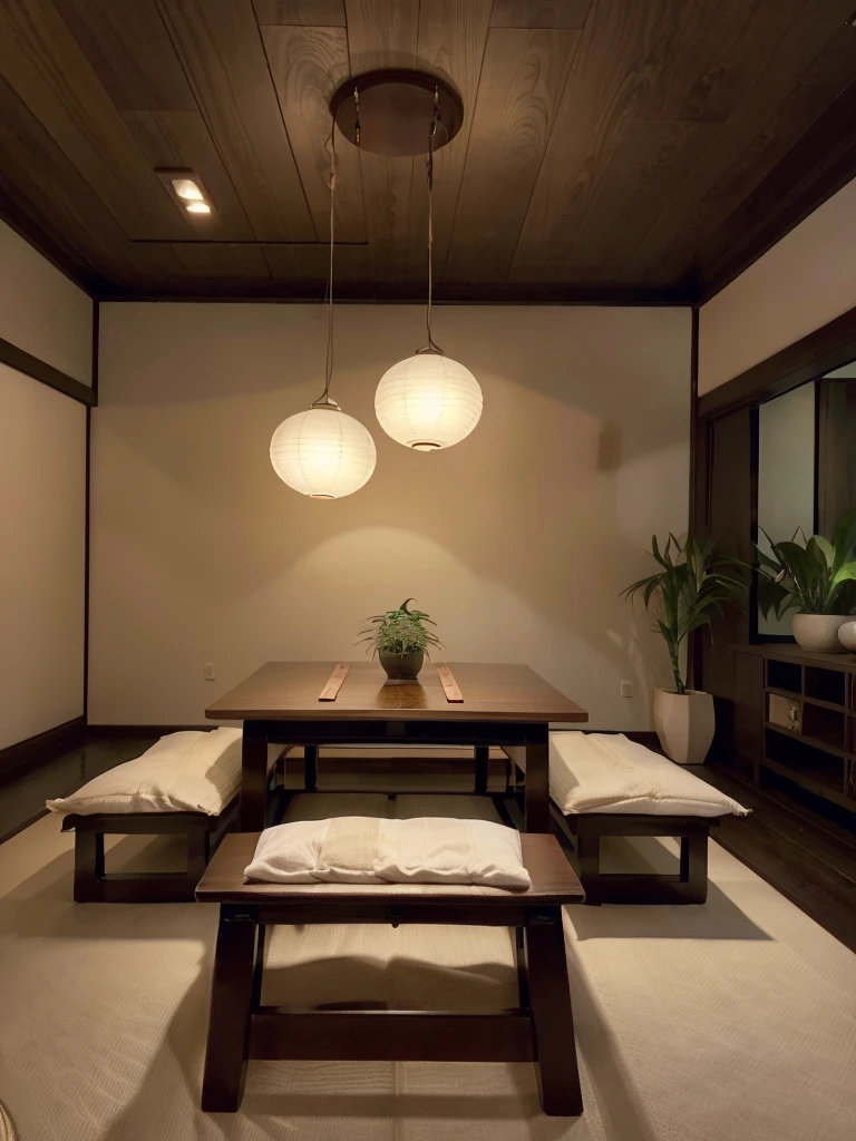 A minimalist and elegant modern Japanese dining room。The room has a simple wooden low table and chairs.、The tables are decorated with small plants, ceramics and other tasteful ornaments.。Washi paper lanterns hang from the ceiling, providing a soft light.。The background is clean and neutral.、It enhances a calm and sophisticated atmosphere.。On the wall「Harmony」There is a hanging scroll with the words、The overall style is a fusion of traditional Japanese elements and modern design.。「Stylish Japanese modern dining」