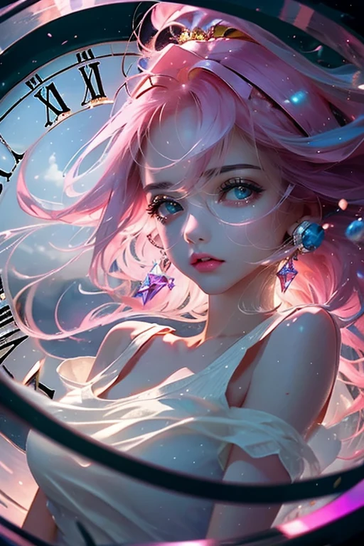 1girl,solo,cute,pink hair,cleavage,brilliant eye,clock,flow of time,time