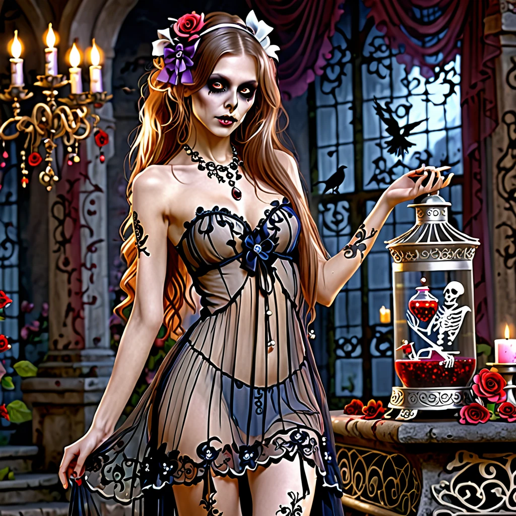 topless zombie girl, long bloody hair, seductive eyes, mysterious expression, mature appearance, charming sheer dress, flowing short dress, elegant jewelry, intricate decoration, magic symbols, glowing accessories, potions, scrolls, cute accents, bows, ribbons, flowers, birds, skeleton