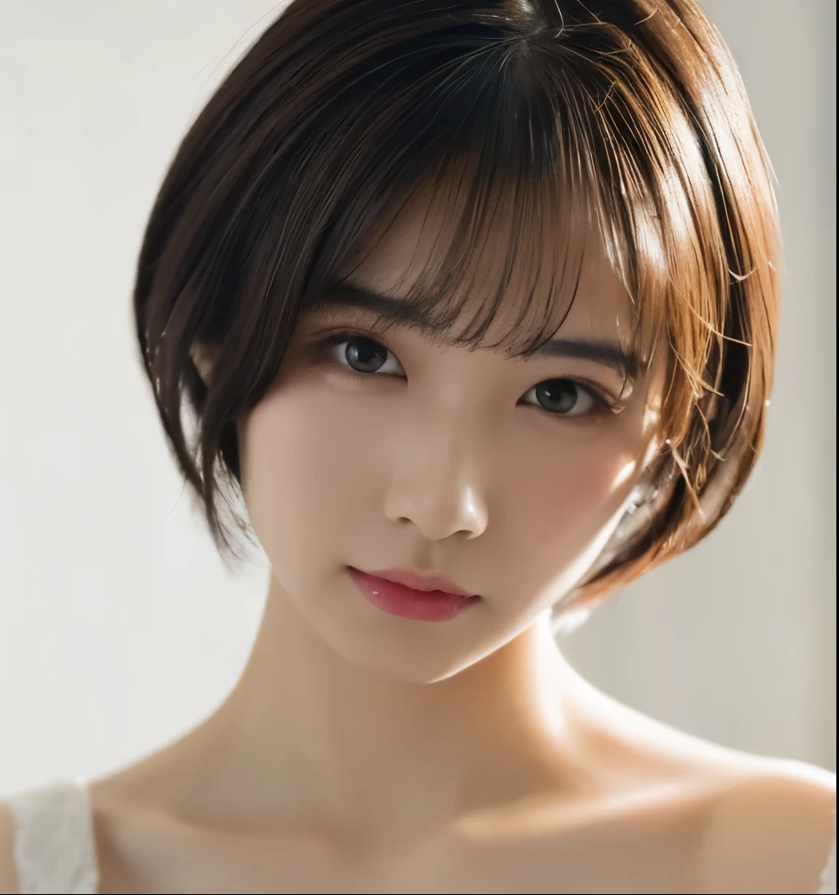 1 girl,Beautiful Korean Idol、((Looking into the camera:1.7))、Bust up shot:1.6、(Brown Hair:1.6)、(Brown hair short cut:1.6), (Parted bangs), Wearing makeup:1.5、Pink Eyeshadow:1.6、No tear bags、Tabletop:1.8、 Focus the light on your face:1.4、Close-up of face:1.4、(Wear a strapless camisole:1.2), Very beautiful Japanese idol portraits, 
(RAW Photos, highest quality), (Realistic, Realistic:1.4), (masterpiece), 
Very delicate and beautiful, Very detailed, 2k wallpaper, wonderful, finely, Very detailed CG Unity 8K 壁紙, Very detailed, High resolution, Soft Light, 
Beautiful detailed girl, Very detailed目と顔, Beautiful and sophisticated nose, Big beautiful eyes, Cinema Lighting, 
(Simple light color background:1.3)、
Complete Anatomy, Slender body,Small breasts, Sensual look