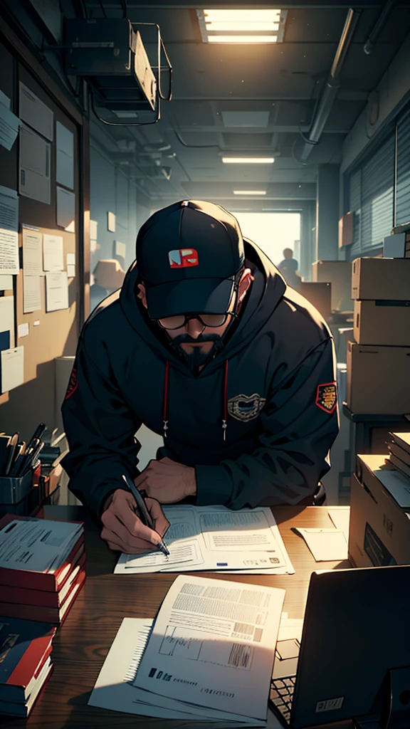 A man, wear trucker hat, wear navy hoodie, beard, black sunglasses, hand hold smoking, Amidst the muted hum of an office on the precipice of upheaval, an employee, clutching a sheet of folded paper in laptop, sits before an imposing mahogany desk. His calm face. The once pristine workspace is now a cluttered landscape of cardboard boxes, each one representing the imminent loss of work and comfort.
Suspended in the air above the scene hovers a manager's silhouette, cast long and ominous by the setting sun filtering in through the office window. The superior's expression remains shrouded in shadow