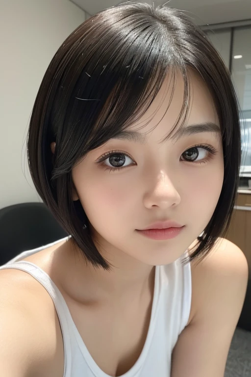 (High resolution:1.3), (16k, Photorealistic, Raw photo, Shooting with a smartphone, Best image quality: 1.4), Japanese, (One Girl), Beautiful Face, (A vivid face), (Black-haired、short hair:1.3), Beautiful Hairstyles, Realistic eyes, Beautifully detailed eyes, (Realistic Skin), Beautiful skins, attractive, 超A high resolution, Surreal, High detail, Golden Ratio, Highly detailed cute girl,(20-year-old), office, seminude