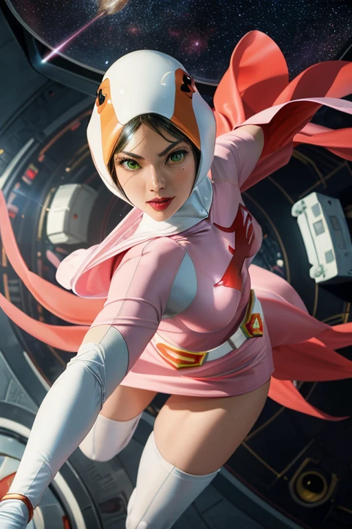 ANI_CLASSIC_jun_gatchaman_ownwaifu, 1girl, 18-year-old,Excellent anatomy, masterpiece, highest quality, Realistic, hyperRealistic, 16K HDR,
Long Hair, chest, Green Eyes, lips, large chest, lipstick, compensate, gloves, Cape, Helmet, belt, elbow gloves, white gloves, mask, Ultra mini skirt, leotard, Spacesuit, White legwear, Pink Dress, Superhero, Bodysuits, (Fighting Pose,kick:1.3), Spaceship, Raise your hand