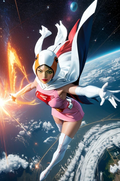 ANI_CLASSIC_jun_gatchaman_ownwaifu,1girl, 18yo,good anatomy, masterpiece, best quality, realistic, hyperrealistic, 16k hdr, long hair, green eyes, lips, large breasts, lipstick, makeup, cape, helmet, belt, elbow gloves, white gloves, mask, ultra miniskirt, leotard, spacesuit, white legwear, pink dress, superhero, bodysuit,(action pose, from above:1.2), sweat, smile, space ship,