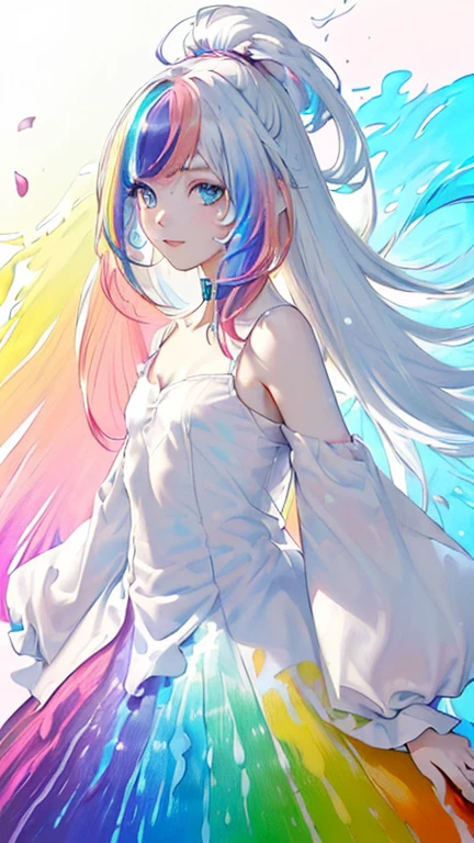 (Pink Fashion T-shirt:1.9),(Colorful hair: 1.8), (all the colours of the rainbow: 1.8),(((((vertical painting:1.6))), (painting:1.6),front, comics, illustrations, Crazy smile, paintings, large eyes, crystal clear eyes,( rainbow color gradient high ponytail:1.7), exquisite makeup, closed mouth,(Small Fresh: 1.5),(Wipe Chest: 1.6) ,long eyelashes, white off shoulder T-shirt, White Shoulder Shirt,looking at the audience, large watery eyes, (rainbow colored hair:1.6), color splash, (solo:1.8), color splash, color explosion, thick paint style, messy lines, ((shining)),(colorful), (colorful), (colorful), colorful, Thick Paint Style, (Splash) (Color Splash), Vertical Painting, Upper Body, Paint Splash, Acrylic Pigment, Gradient, Paint, Highest Image Quality, Highest Quality, Masterpiece, Solo, Depth of Field, Face Paint, colorful clothes, (Elegant: 1.2), gorgeous,long hair, wind, (Elegant: 1.3), (Petals: 1.4),(((masterpiece))),(((best quality))),((ultra-detailed)),(illustration),(dynamic angle),((floating)),(paint),((disheveled hair)),(solo),(1girl) , (((detailed anima face))),((beautiful detailed face)),collar,bare shoulders,white hair, ((colorful hair)),((streaked hair)),beautiful detailed eyes,(Gradient color eyes),(((colorful eyes))),(((colorful background))),(((high saturation))),(((surrounded by colorful splashes))),