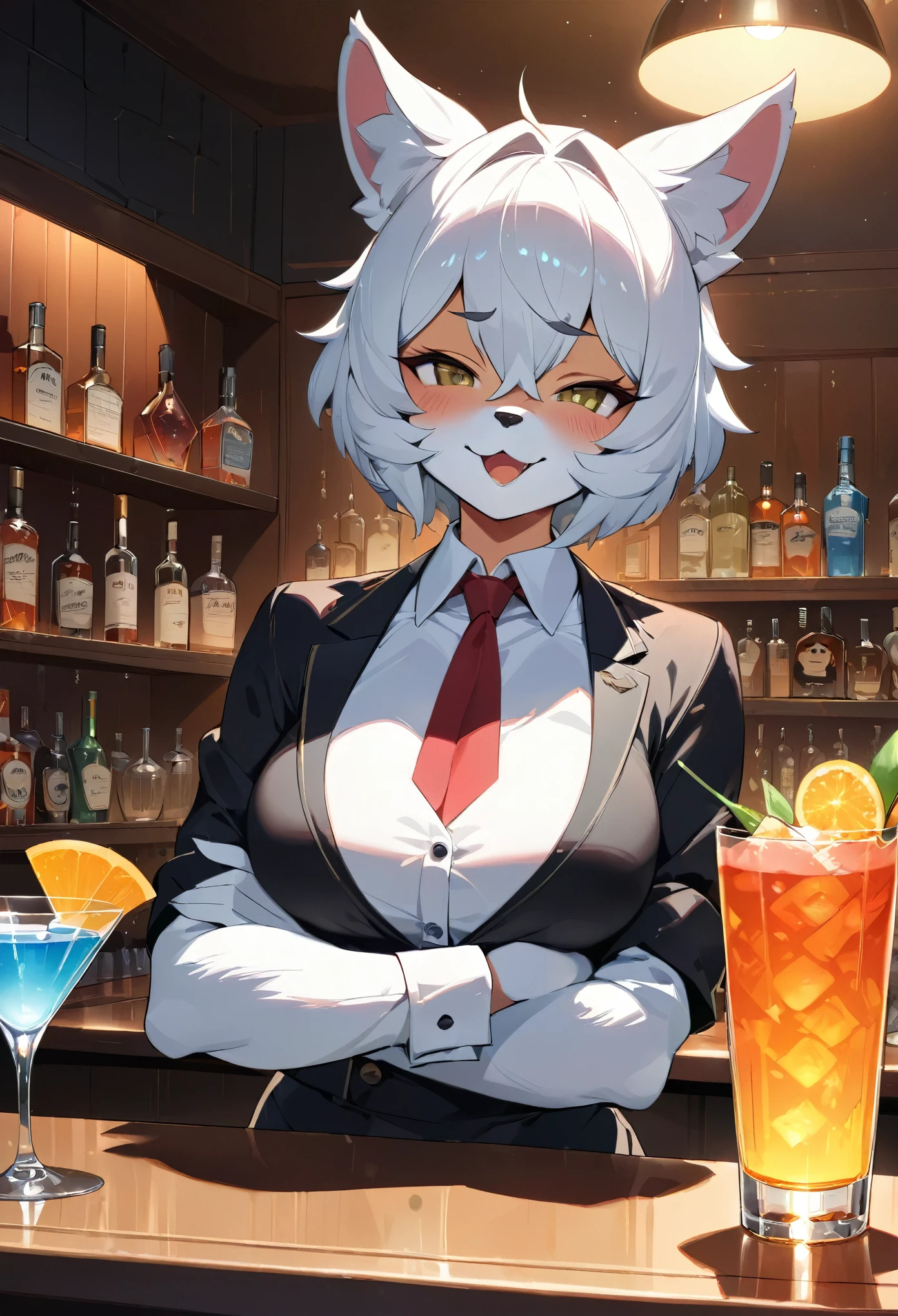 top quality, best quality, High-quality illustrations, masterpiece, super high resolution, detailed background, bartender, bar, cocktail, absurdres, perfect , expression, good lighting, cinematic shadow(kemono, furry anthro)dynamic angle,