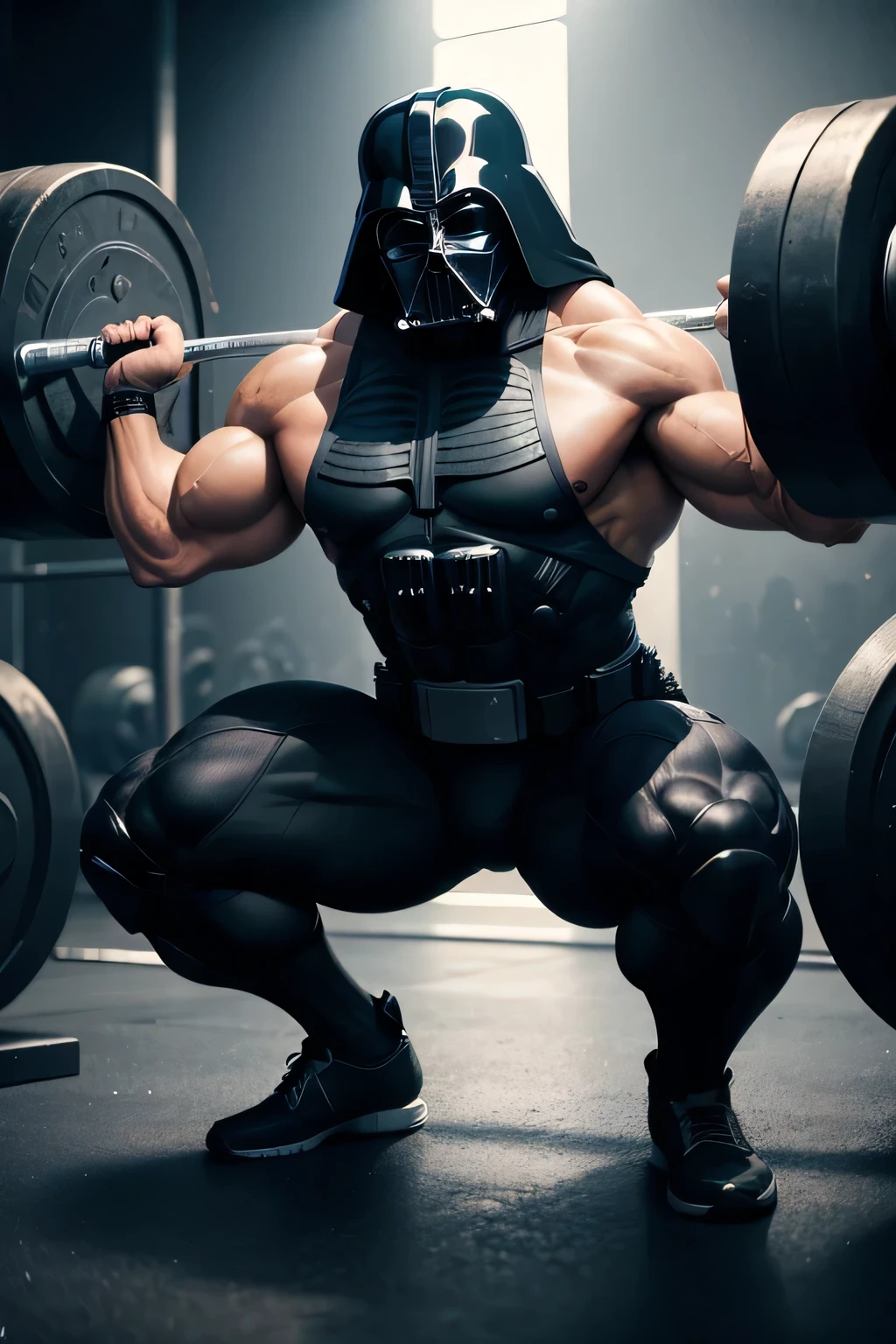 dark vader from star wars, full body including weights, bodybuilder, open bodybuilding category, doing squats with barbell and many weights, realistic, anime style