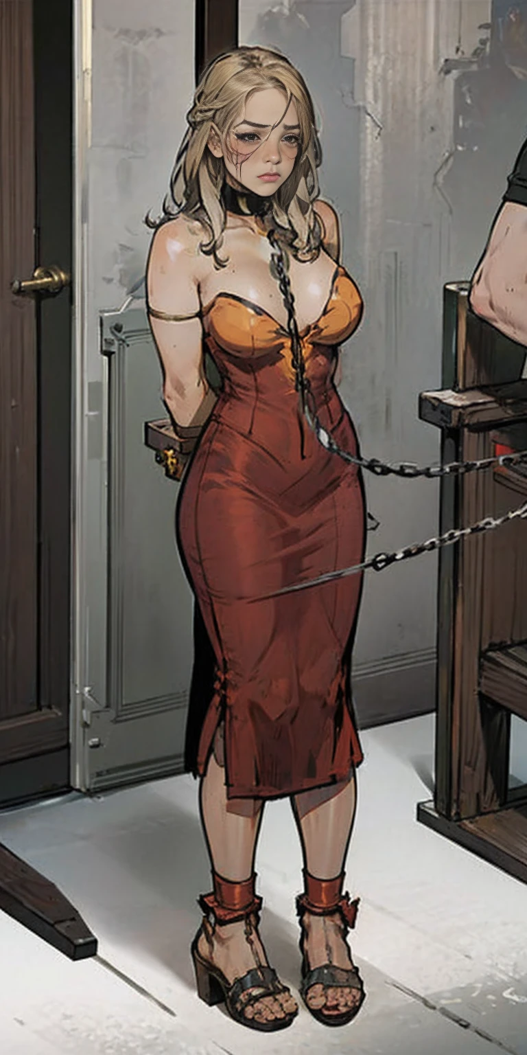 (masterpiece, best quality), intricate details, 1girl, 1girl in, age19, Solo, Long hair, Colossal, Looking at Viewer, blond hair, Alexis Texas (standing full body toe to head by wooden pole:1.2) iron collar, arms behind back, iron cuffs, shackles, bound, bondage outfit, harness, o-ring, bondage outfit blindfolded cover eyes, happy red cheeks, chain leash collar choker neck bell shackles wristbands bracers bracelets, cleave gag, sad face, red cheeks, cryings tears, painful (she was sold and betrayed by her own family)