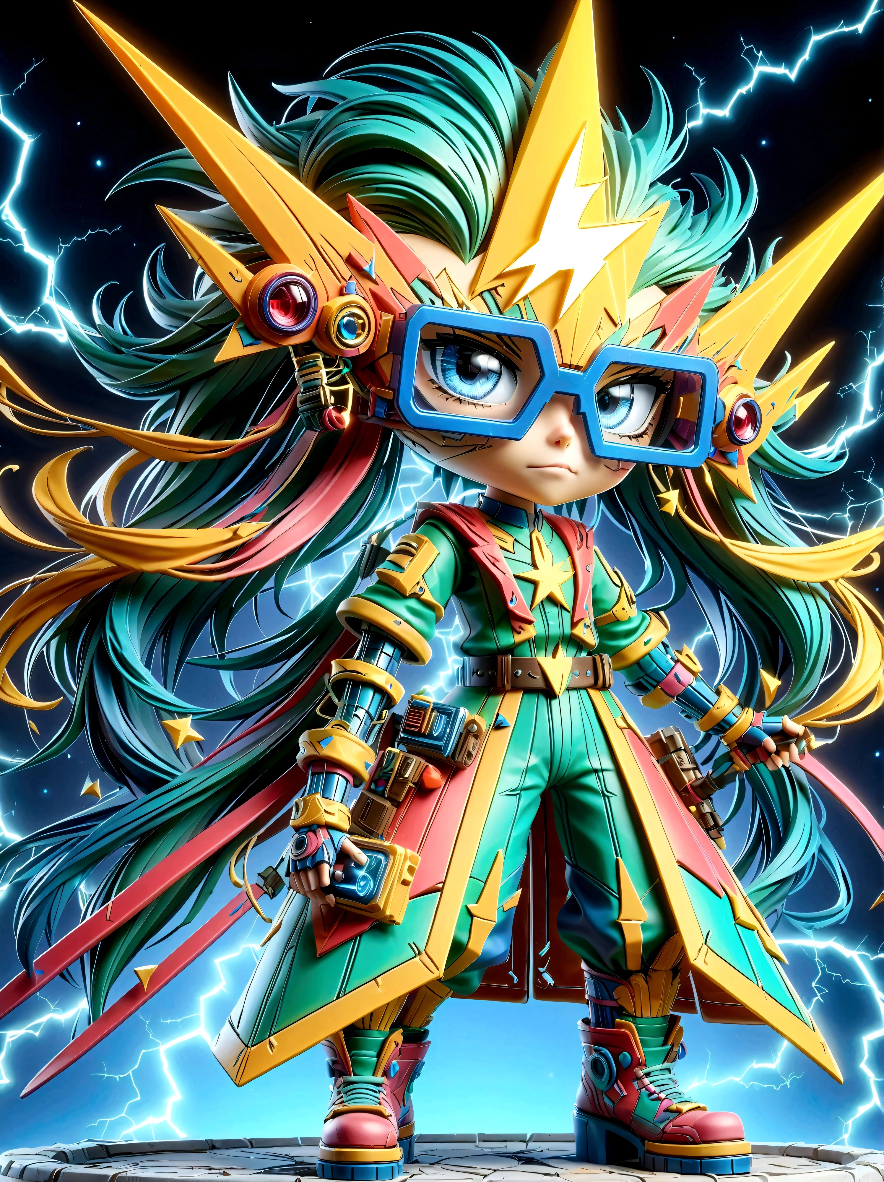 1girl, solo, Lightning energy，Electricity elements，Double ponytail，Love tiara，Wearing heart eye glasses，Blue Highlight Lightning，Wearing a bright pink and orange dress，High heel boots，Holding an electric love stick，Space starry sky background，Galactic battleship，Fighting Stance，Explosion，Best quality，Original，cowboy shot，Cartoon Style，3D character rendering，Created with C4D and Blender，precise，Blind box toy style，Super Detail，Anatomically correct，masterpiece, 1djxz1