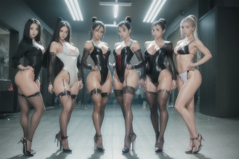 (highest quality)), (masterpiece), (detail), many female androids, all have colorful internal skeletons in full view except their faces, all have different heights, top bottoms, and arm and leg shapes, all have perfect human faces, all have beautiful faces, all standing, multiple poses, group, everyone is looking at me, full body shot. ,