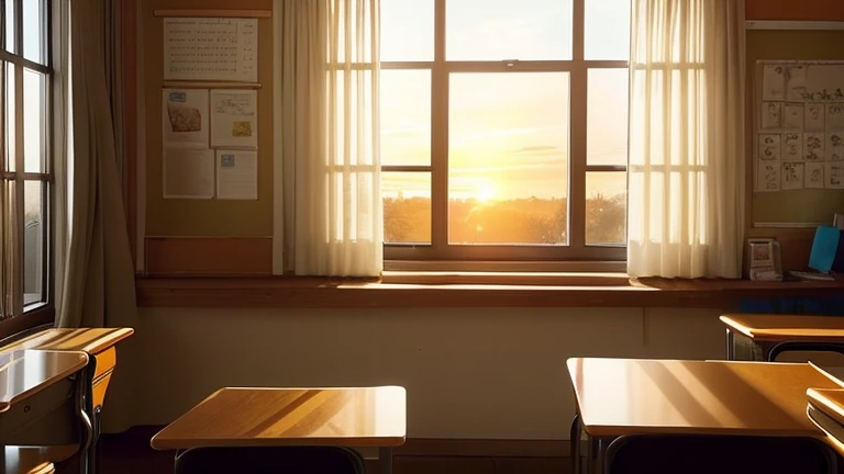 Dynamic curtains。Like a scene from a movie、White curtains blowing in the wind、Inside a high school classroom after school、Draw realistic pictures like photographs。 window where the setting sun shines through、Desk and chair、Carefully drawing props such as blackboards。 A high school girl watching the sunset by the window、White curtains blowing in the wind、Creates a nostalgic atmosphere。
