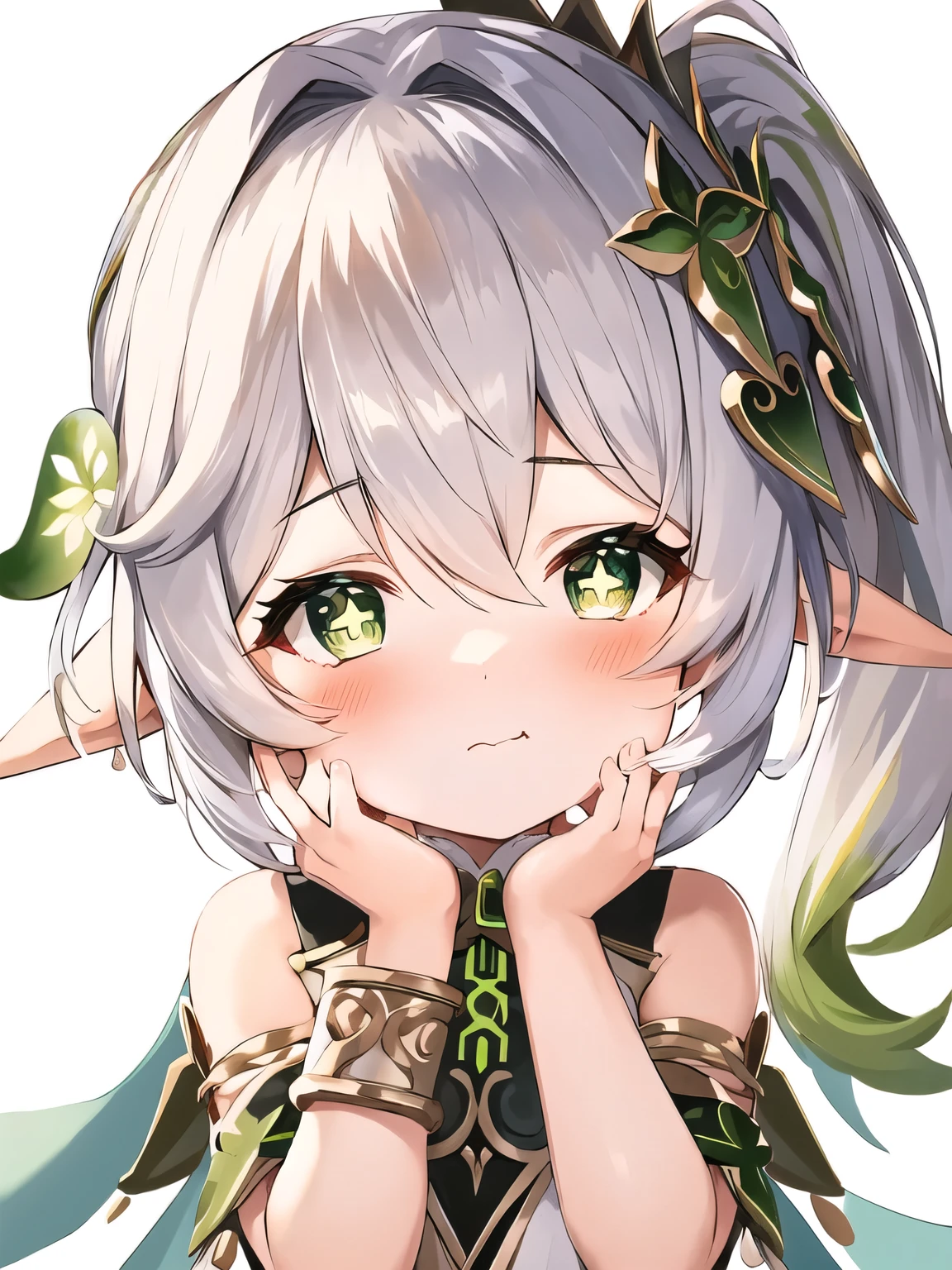 nahida \(genshin impact\), +_+, 1girl, solo, loli, white dress, bare shoulders, side ponytail, hair ornament, blush, white background, looking at viewer, pointy ears, simple background, hands on own face, jewelry, pout, bracelet, pupils, symbol-shaped pupils, neck ruff
