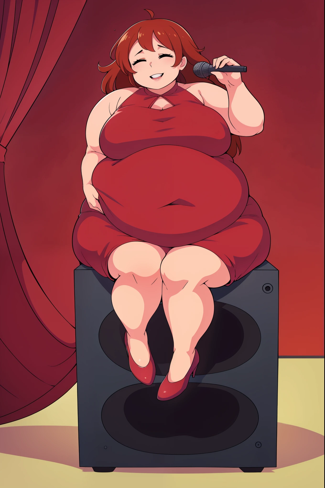 (Full body:1.2), (double chin:1.2)Eyes closed, happy, mouth open, smiling, parted lips, upper teeth, singing, (Big belly:1.1)Girlfriend, red dress, music, musical note, sitting, sitting on speaker, microphone, holding microphone,