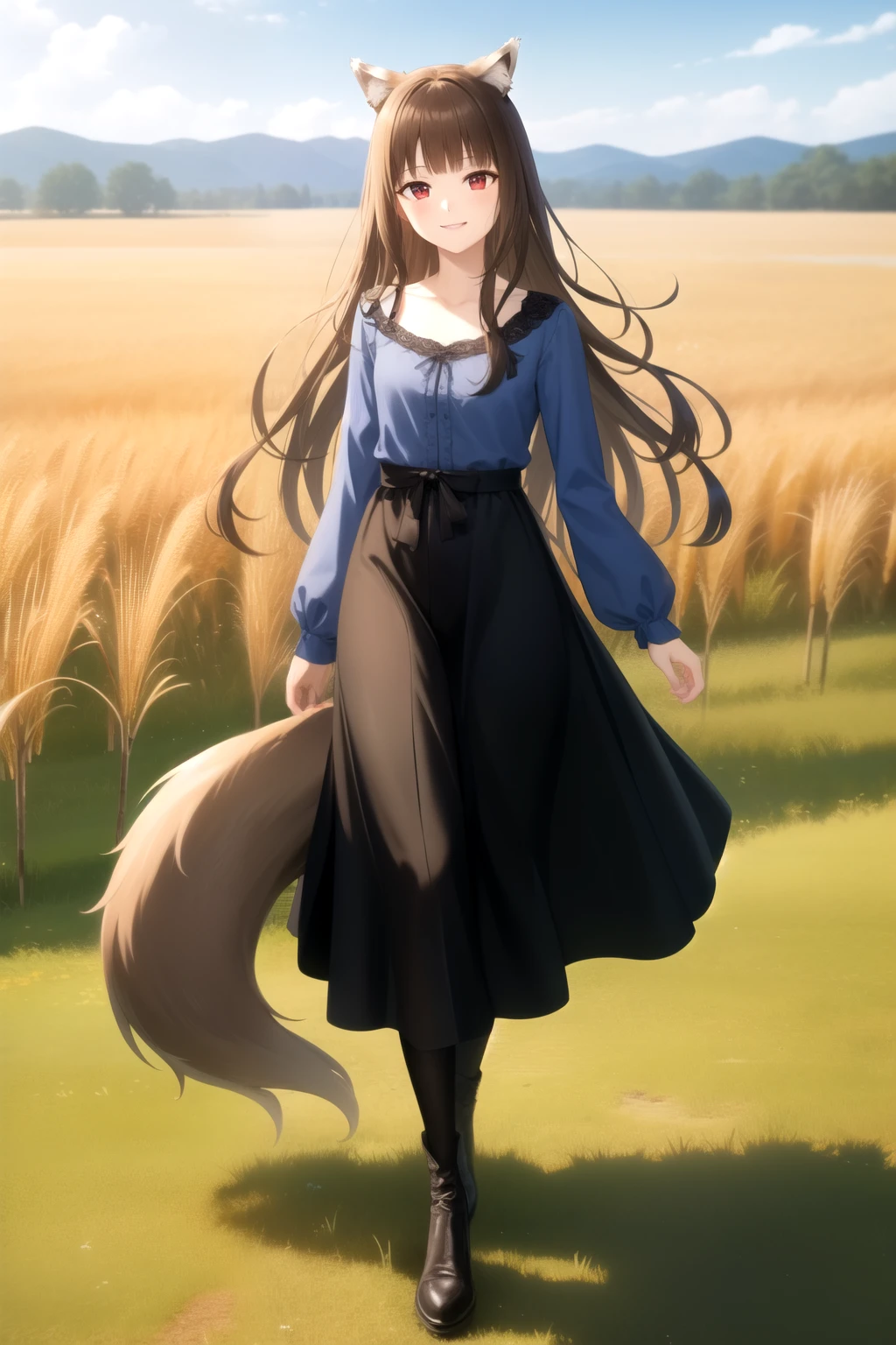 ((masterpiece)),(best quality),official art,very delicate and beautiful,highly detailed CG,Unity 8k wallpaper,super detailed,beautiful fine details,highly detailed face,outdoors,one girl,one person,full body,blue sky,wheat field and rural landscape,facing audience,smiling,(small:1.2),running,wolf girl,animal ears,wolf ears,animal ear hair,very long hair,brown hair,floating hair,side locks,blunt bangs,red eyes,collarbone,jewelry,blue shirt,long sleeves,medium chest,wolf big long tail,black long skirt that reaches below the knee,black pantyhose,black fur boots