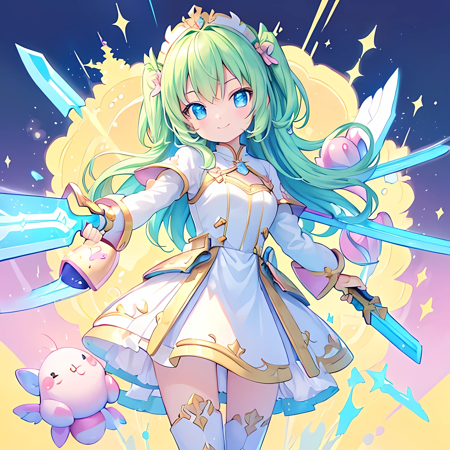 masterpiece,  Big Sword，armor，shield, close, Big eyes, cutetech, cute, cute, pastel colour, highest quality, Happy, Deep Background, Symmetric, Tilt your head, summer, cover, title、smile