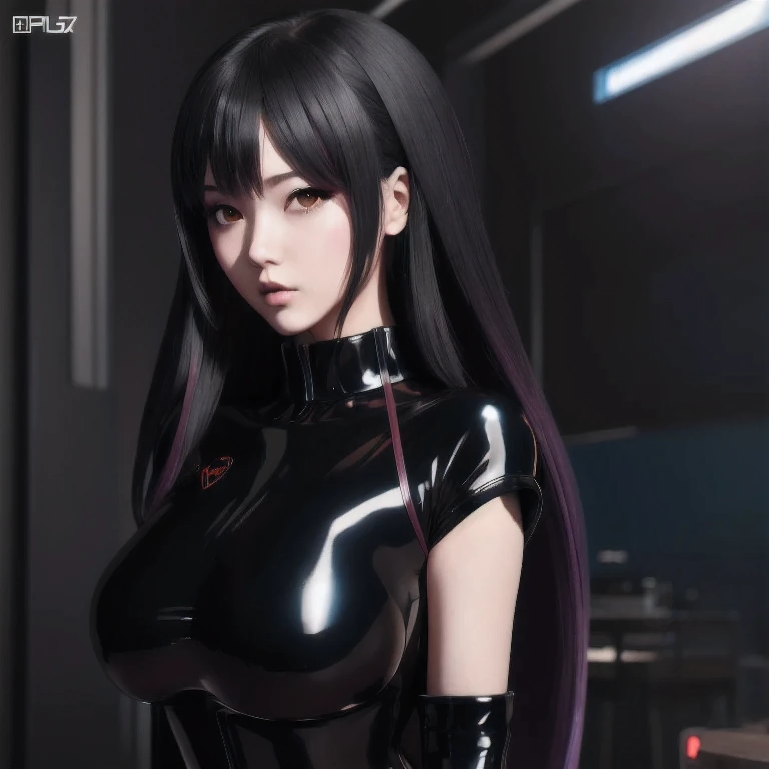 girl in a black latex outfit posing for a picture, seductive anime girl, Image Quality，photo  anime, oppo masterpiece, 3 d anime realistic, 4 K, artwork in the style of guweiz, thicc, oppai cyberpunk, , trending on cgstation, hyper realistic anime