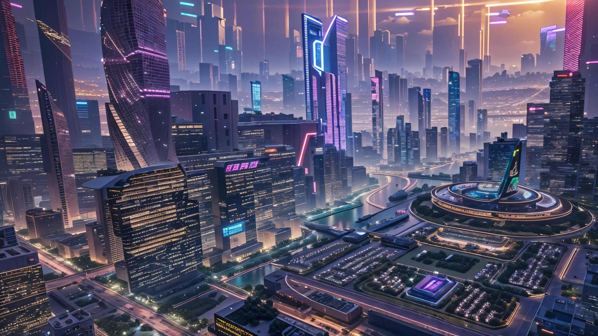 Star Wars Altered Carbon,Vignette: drone shot, Gorgeous details Cyberpunk technology sense city neon sense A futuristic city with flying cars and holographic displays Swarovski Sunset（No characters),high detail, Luminism,