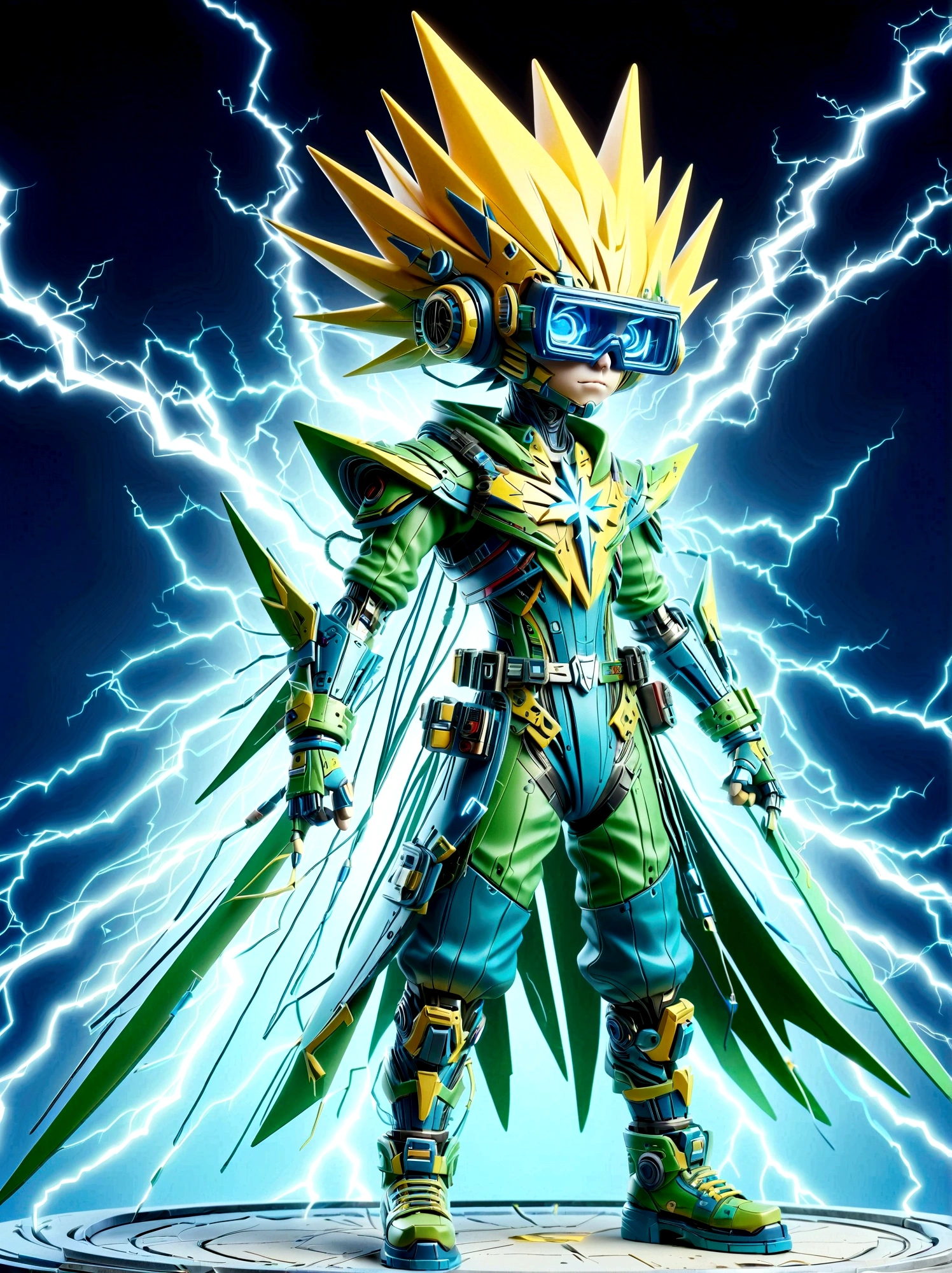 1boy, solo, Lightning energy,Electricity elements,Wearing a pointed headdress,Wearing large rectangular glasses,Blue Highlight Lightning,Wearing bright blue and green square clothing,High heel boots,Holding an electric weapon,Space starry sky background,Galactic battleship,Fighting Stance,Explosion,Best quality,Original,whole body,Cartoon Style,3D character rendering,Created with C4D and Blender,precise,Blind box toy style,Super Detail,Anatomically correct,masterpiece, 1djxz1