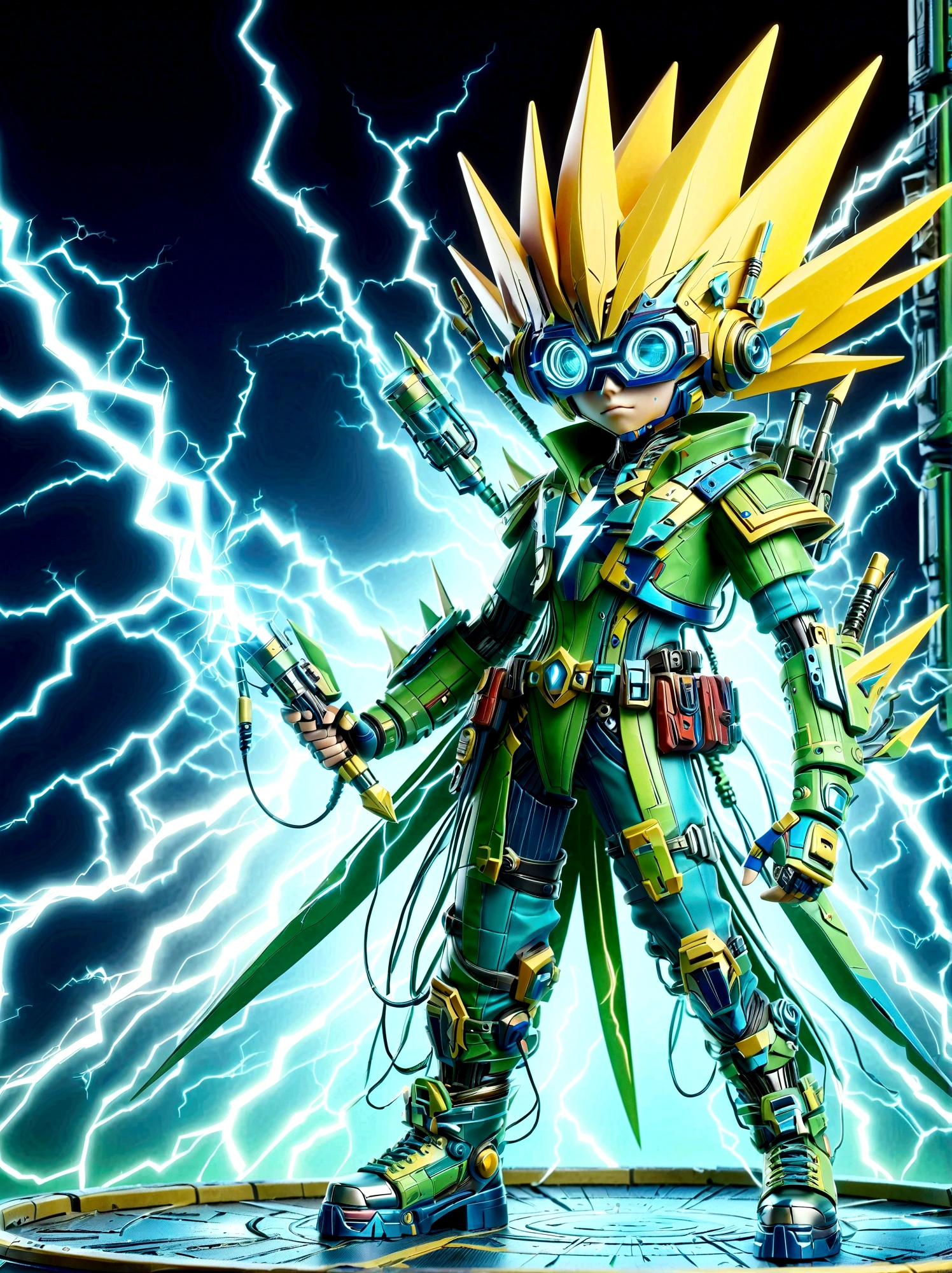 1boy, solo, Lightning energy，Electricity elements，Wearing a pointed headdress，Wearing large rectangular glasses，Blue Highlight Lightning，Wearing bright blue and green square clothing，High heel boots，Holding an electric weapon，Space starry sky background，Galactic battleship，Fighting Stance，Explosion，Best quality，Original，whole body，Cartoon Style，3D character rendering，Created with C4D and Blender，precise，Blind box toy style，Super Detail，Anatomically correct，masterpiece, 1djxz1