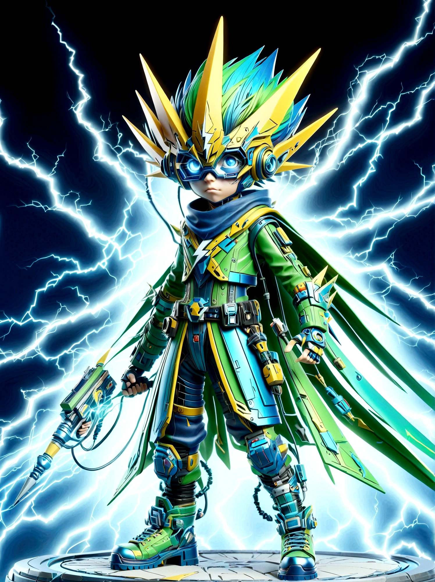 1boy, solo, Lightning energy,Electricity elements,Wearing a pointed headdress,Wearing large rectangular glasses,Blue Highlight Lightning,Wearing bright blue and green square clothing,High heel boots,Holding an electric weapon,Space starry sky background,Galactic battleship,Fighting Stance,Explosion,Best quality,Original,whole body,Cartoon Style,3D character rendering,Created with C4D and Blender,precise,Blind box toy style,Super Detail,Anatomically correct,masterpiece, 1djxz1