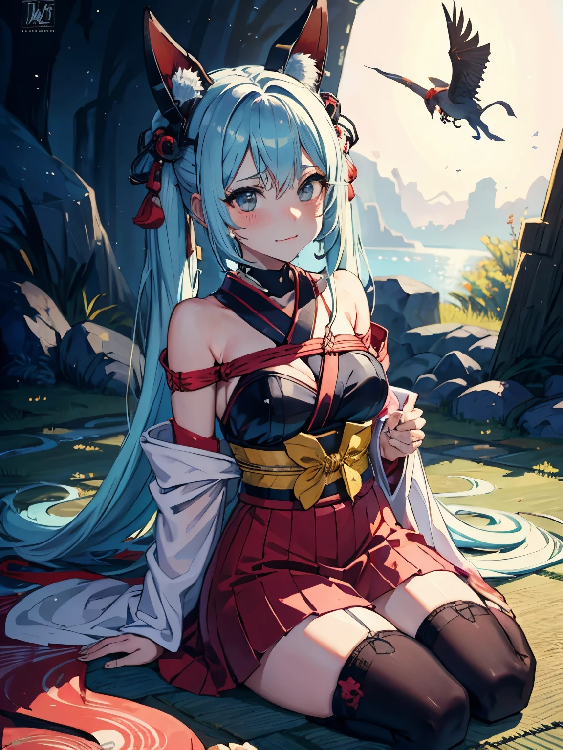Hatsume miku x suicune ,ojos hermosos ((alta definicion)), fenix girl,art by dark natasha, jardin zen, art by dark natasha, art by vixen aztra, cuerpo completo, ventido de demonio, alas de diablo, cintura delgado, caderas amploas, piernas torneadas, hermosa, HD face,japanese kimono, japanese landscape