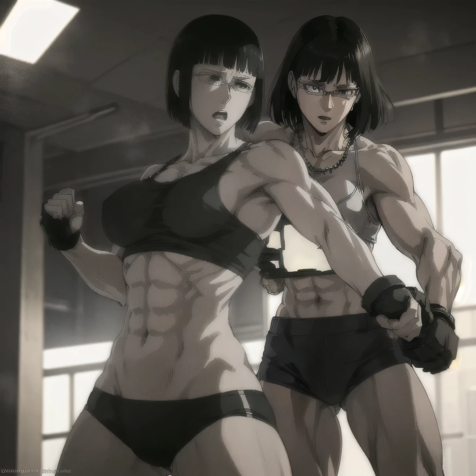 (best quality,ultra-detailed,realistic:1.37),musclaur badass girl with sculpted body with preview her musclaur body and six-pack, full review of the female character's face and body, intense expression,studio lighting, vivid colors, physiologically-based rendering, grungy texture, rugged background, dust particles in the air, commanding presence, professional, powerful, gritty aesthetics,,Valmet،short hair،tattoos on shoulders,,Shining muscles, muscle protrusion,wearing military male black underwear and midriff tank top,necklace,training hard,dick growth inside underwear,bed,Valmet have a dick,An erect dick inside underwear,stand fight position with her muscles and six-pack and growth dick inside underwear،gym,alone,wet,veins,