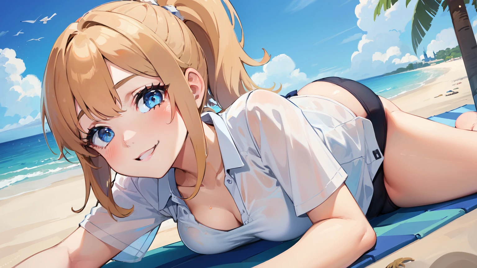 ((best quality)), ((masterpiece)), (detailed), 4K，1 Girl, beautiful girl,,Smile, Flax hair, blue eyes, Ponytail, White shirt,See-through clothing，Lie on the beach, Swimwear,beautiful girl,Facial visual focus，Smile