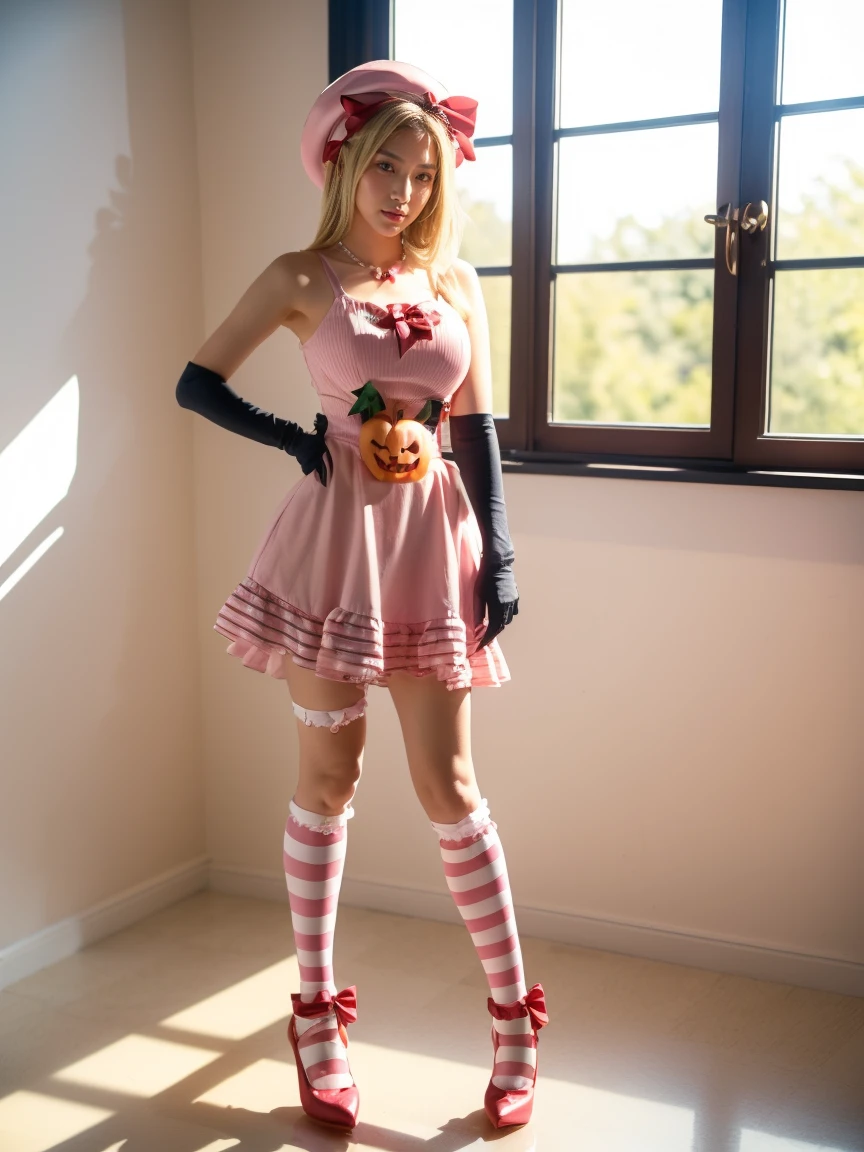 (1 lady), The beautiful, (Best quality at best:1.4), (ultra - detailed), (extremely detailed CG unified 16k), gold blonde hair, very detailed, High-definition RAW color photo, professional photoshooting, amazing face and eyes, cosmetics, (amazingly beautiful girl), ((lambdadelta, tall woman, taller)), ((dress, shoes bow, red shoes, striped stockings, red bow, pink hat, necklace, gloves, pearl, pumpkin brooch, pink dress)), (standing split, standing on one leg, sexyposture)，(White room, sun light, windows lights:1.3), (look from down), realistic cinematic face, head to feet long wide zoomed out view, full body long view, photorealistic, ((realistic natural blonde hair style, honey eyes)), gorgeous, extremely beautiful face, perfect model beauty, pout mouth, flirting smile, cleavages, city girl, western, shopping in the city, (masterpiece), best quality, high resolution, extremely detailed, blurred background, depth of field, cinematic lighting, (amazing legs, strong legs, athletic legs), high heels, clear and well-cared skin