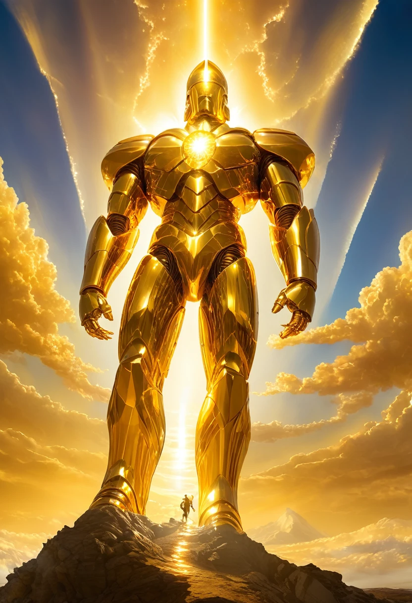 a huge golden giant tens of thousands of feet in size, golden light on its body was no longer just an illusion of light. Em vez disso, condensou-se e comprimiu-se em uma entidade semelhante a um cristal de cor dourada escuraAbrangeu todo o seu corpo!