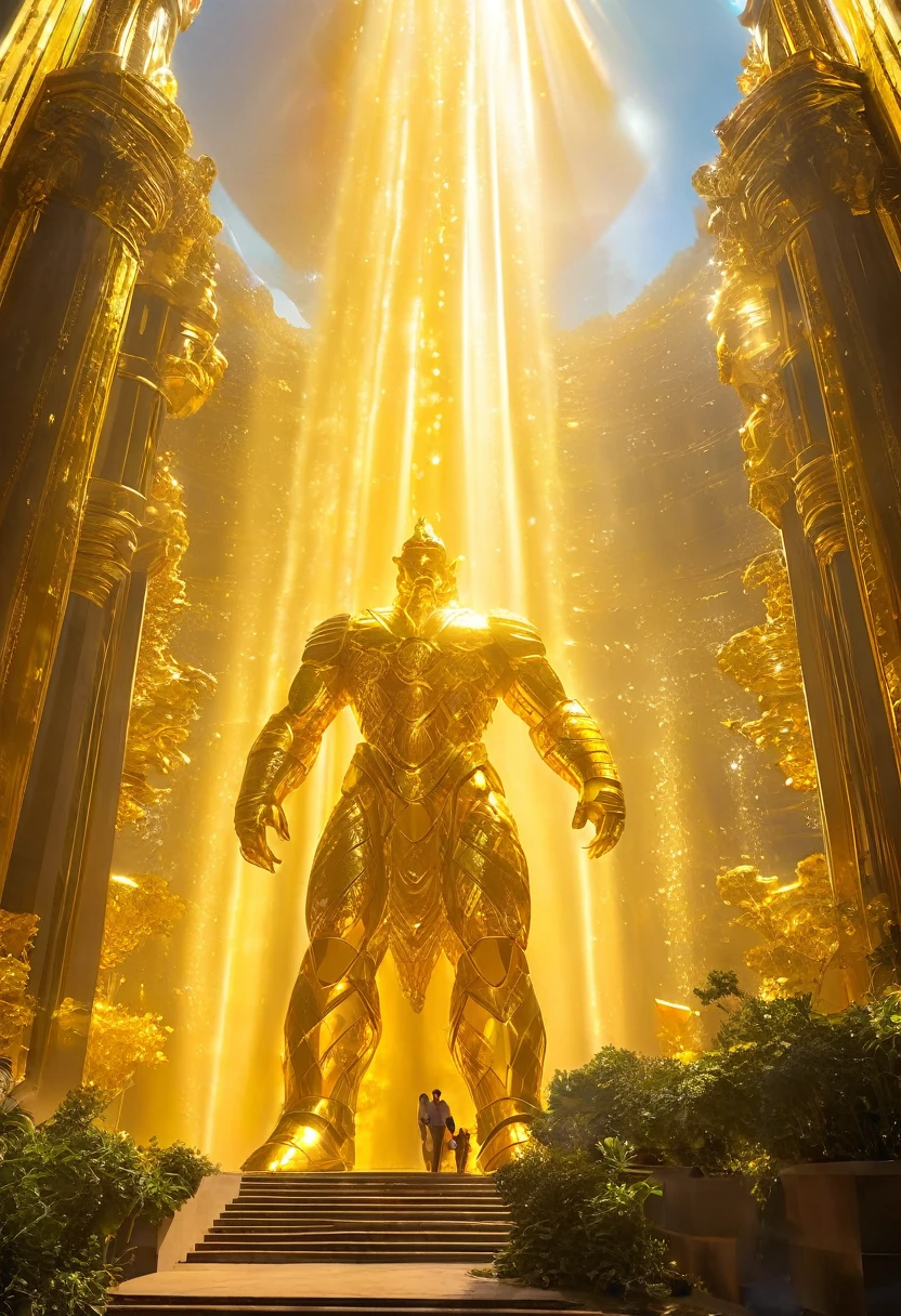 a huge golden giant tens of thousands of feet in size, golden light on its body was no longer just an illusion of light. Em vez disso, condensou-se e comprimiu-se em uma entidade semelhante a um cristal de cor dourada escuraAbrangeu todo o seu corpo!